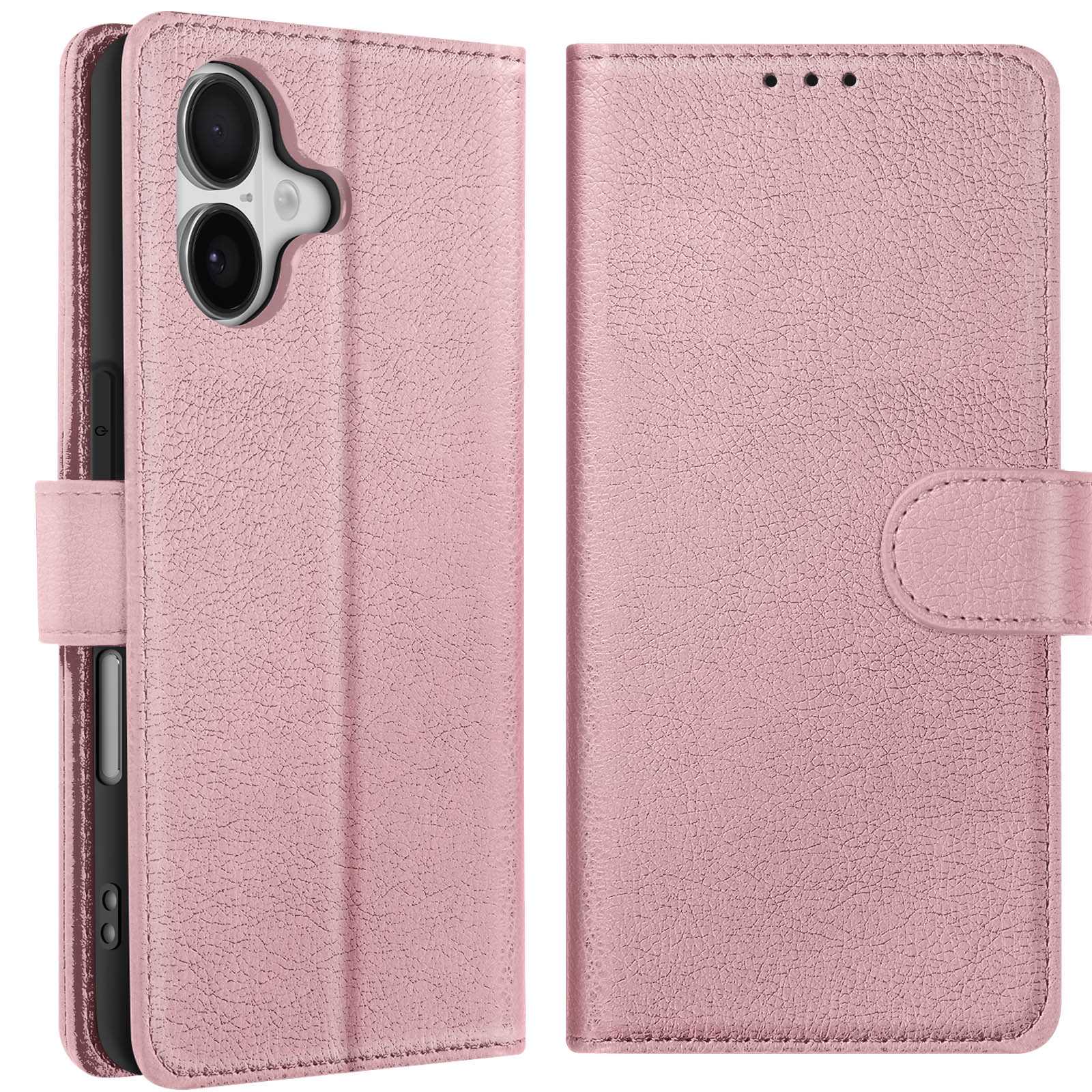 Custodia per telefono in pelle rosa, aperta, che mostra telefono e cover. Include ritaglio fotocamera, chiusura e superficie strutturata.