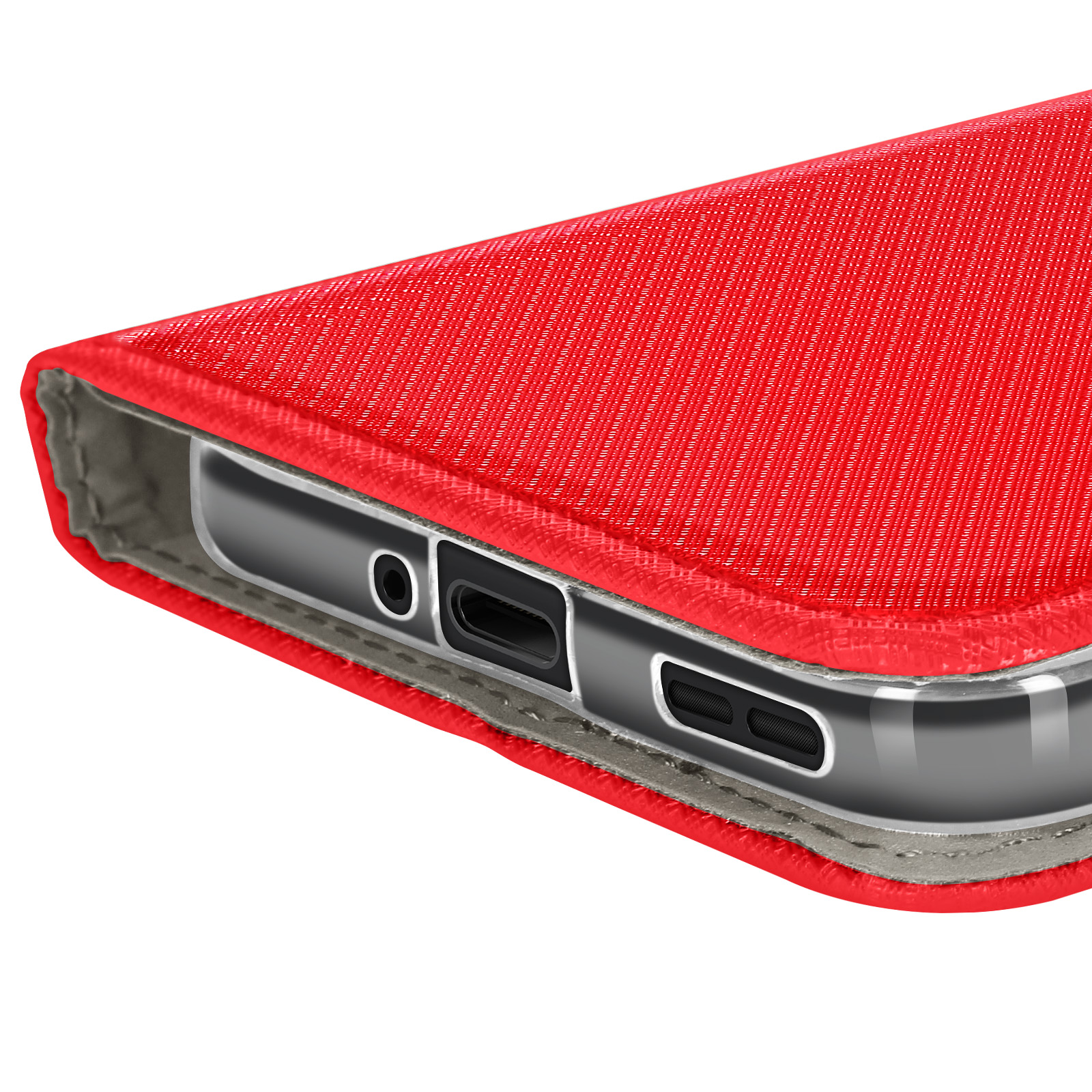 Primo piano di una custodia rossa per telefono. Ha una superficie strutturata. Visibile: porta di ricarica, altoparlante e jack per cuffie. I bordi sono grigi.