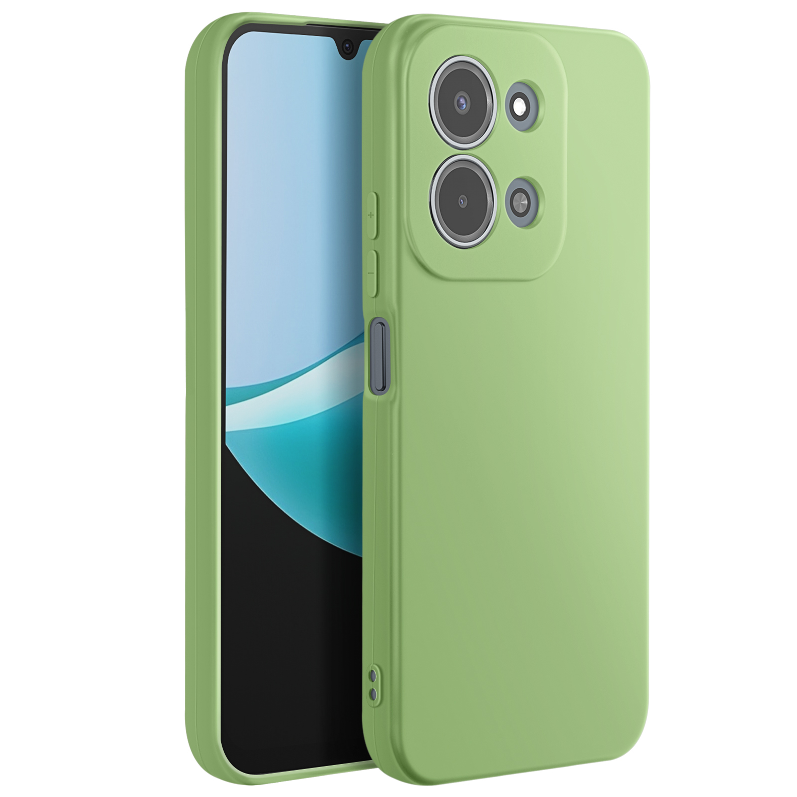 Eine hellgrüne Handyhülle mit einem Telefon darin. Die Hülle hat Kameraausschnitte. Der Bildschirm des Telefons ist sichtbar.