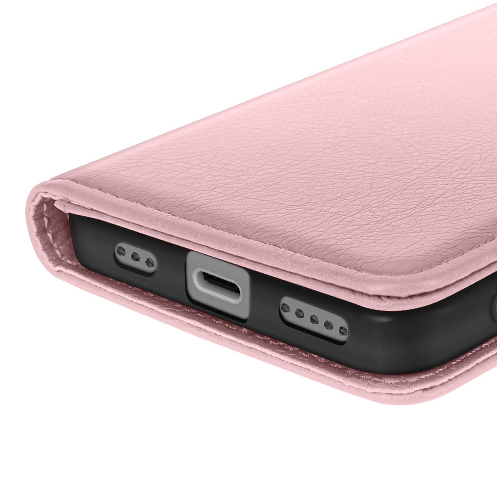 Primo piano di una custodia rosa per telefono. Sono visibili la porta di ricarica e le aperture degli altoparlanti. La custodia sembra essere in pelle.