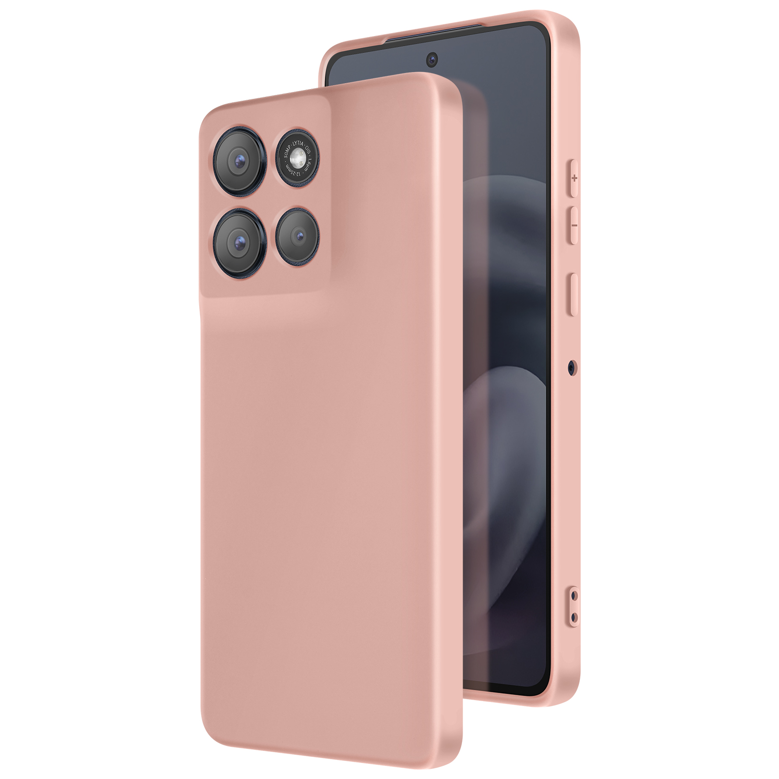 Un smartphone rose dans un étui assorti, montrant l'arrière avec des caméras et l'avant avec un écran.