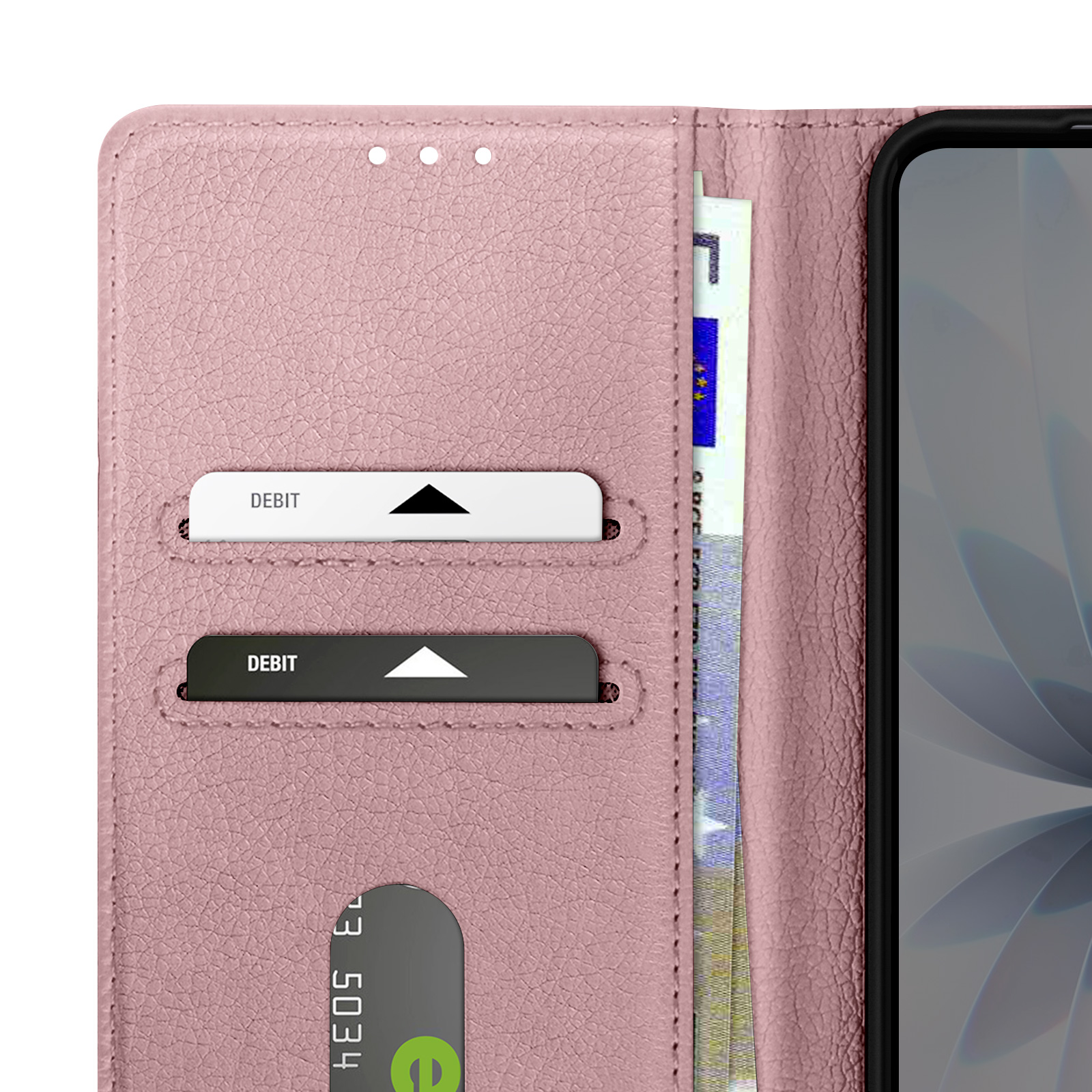 Un portafoglio in pelle rosa con carte di debito e uno smartphone. Banconote in euro parzialmente visibili.