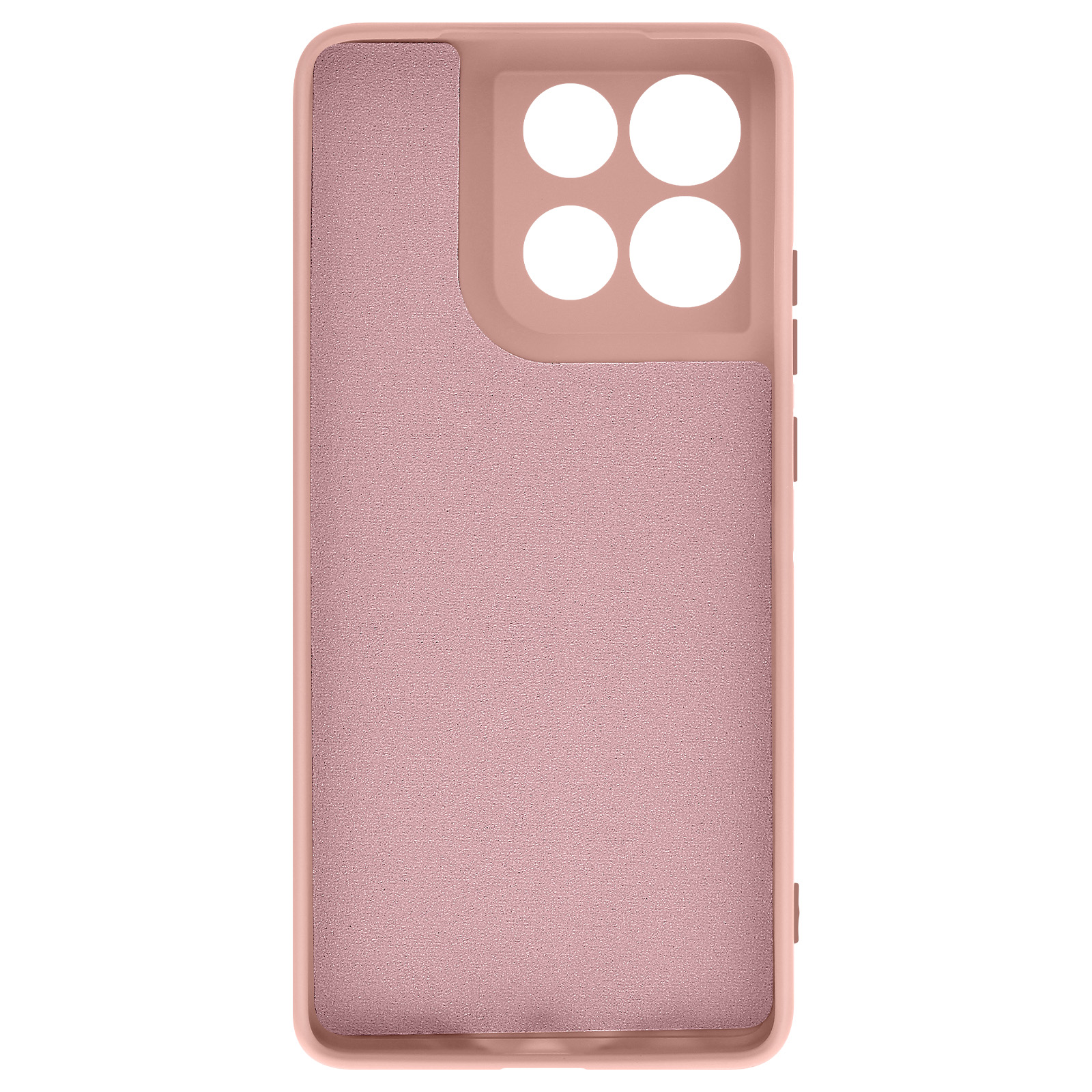 Une coque de téléphone rose avec un dos texturé et des découpes pour l'appareil photo. La coque est sur fond blanc.