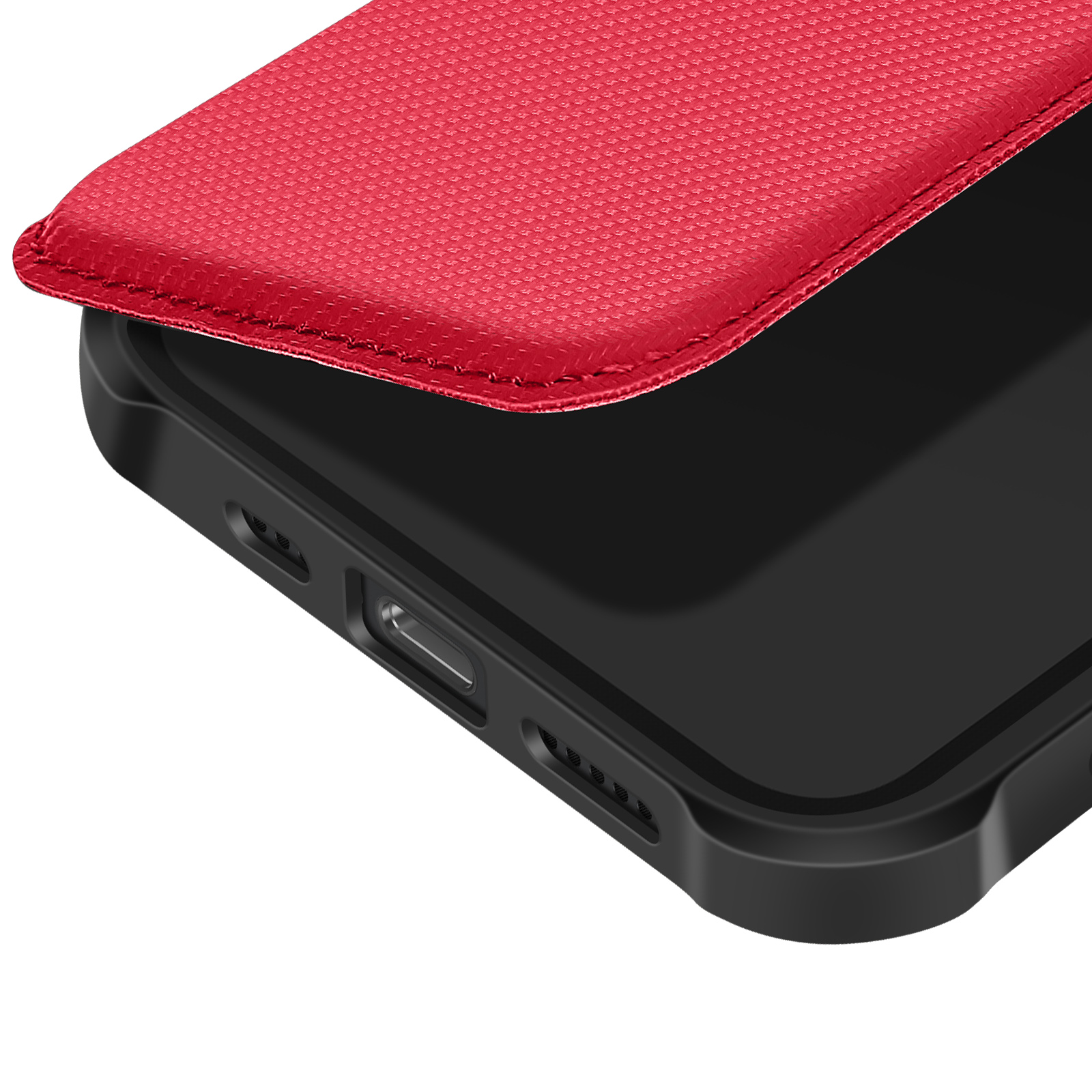 Primo piano di una cover rossa strutturata, con corpo del telefono nero. Il coperchio è aperto, mostrando l'interno.