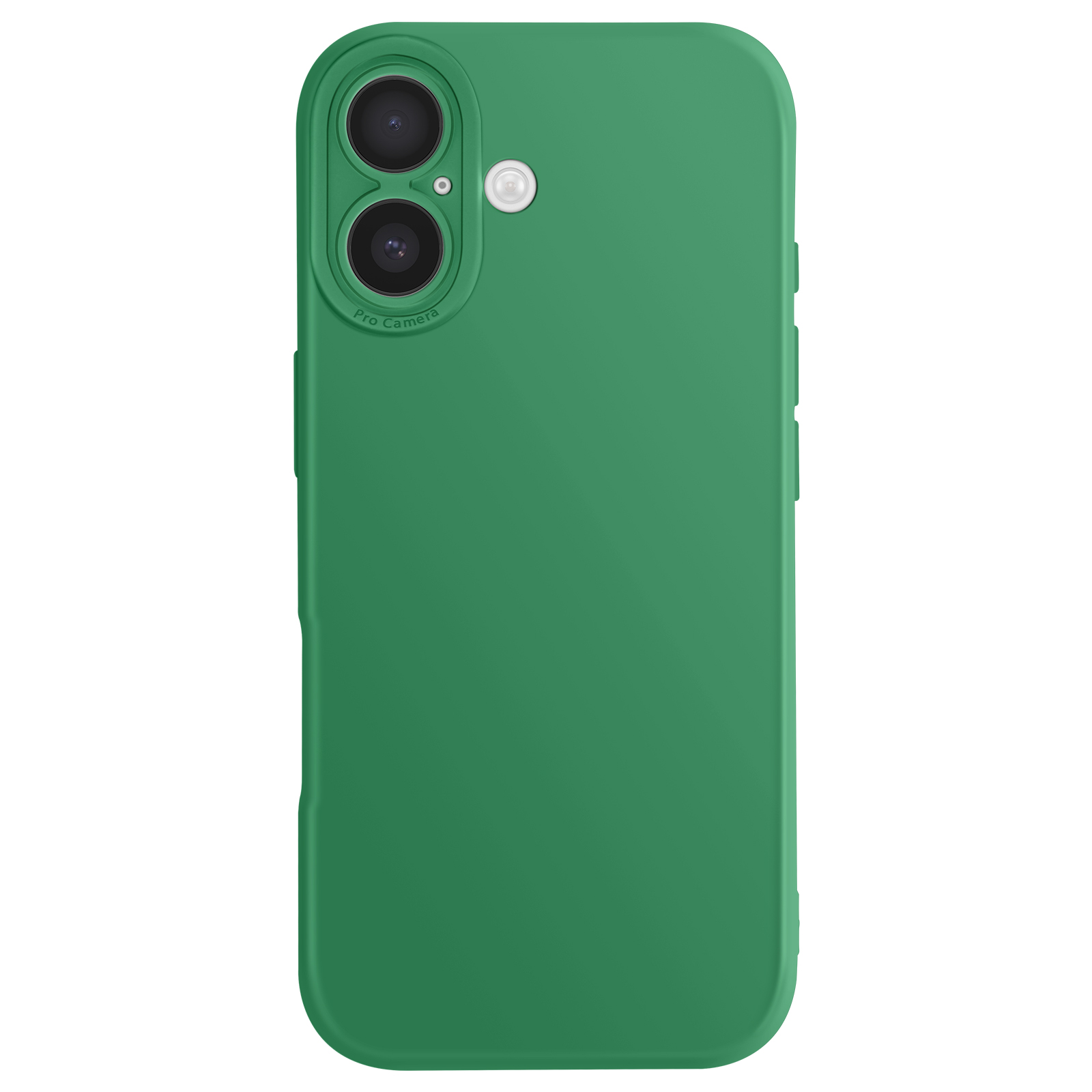 Een groene telefoonhoes met cameralenzen en flitser. Het heeft volume- en aan/uit-knoppen aan de zijkant.