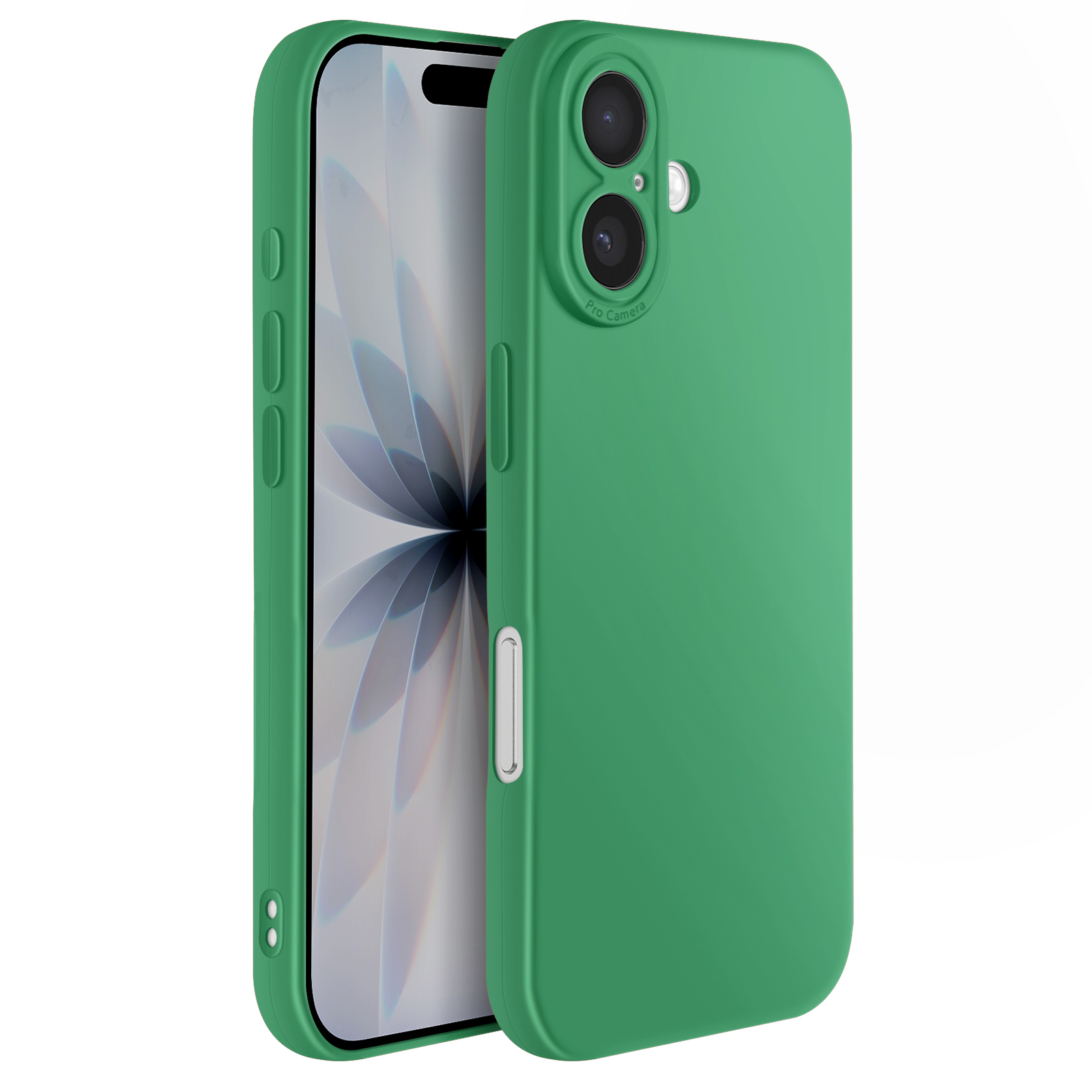 Een groene telefoonhoes met een telefoon erin. De telefoon heeft een scherm met een wazig bloemenontwerp.