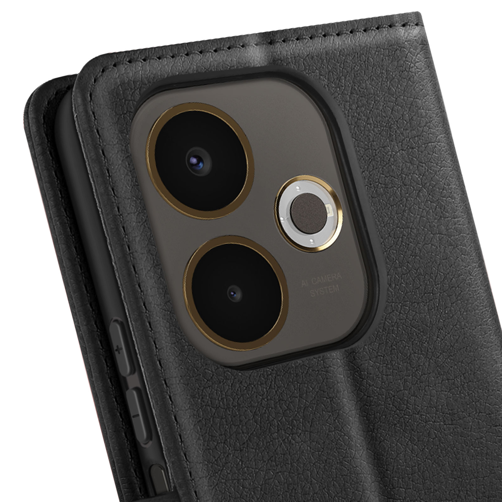 Primo piano di un telefono con custodia in pelle nera. Obiettivi della fotocamera visibili. La custodia è strutturata.