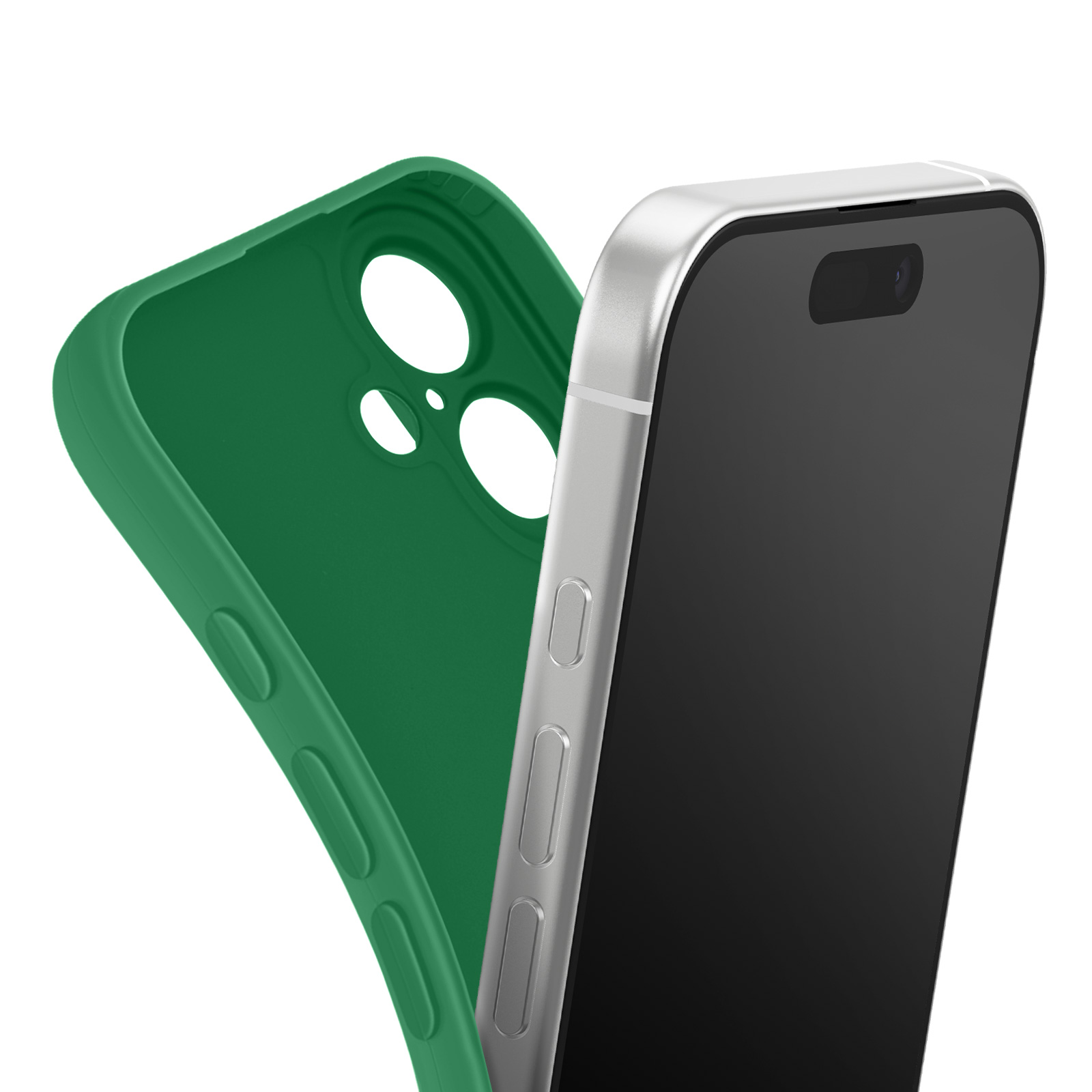 Een groene telefoonhoes naast een zilveren smartphone. De hoes zit links, de telefoon rechts.