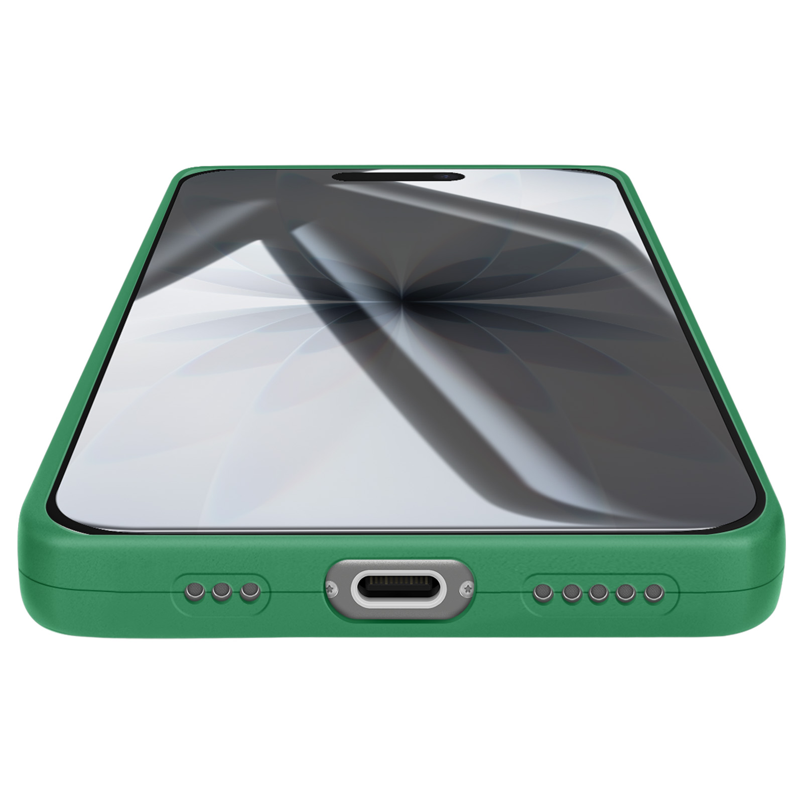 Een groene smartphone is iets naar de kijker gekanteld. Het scherm toont reflecties. De telefoon heeft een oplaadpoort en luidsprekers.