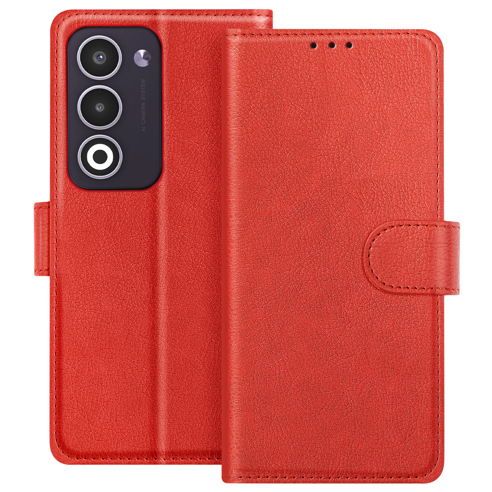 Custodia per telefono in pelle rossa. Ha un modulo fotocamera con tre lenti e una chiusura magnetica.
