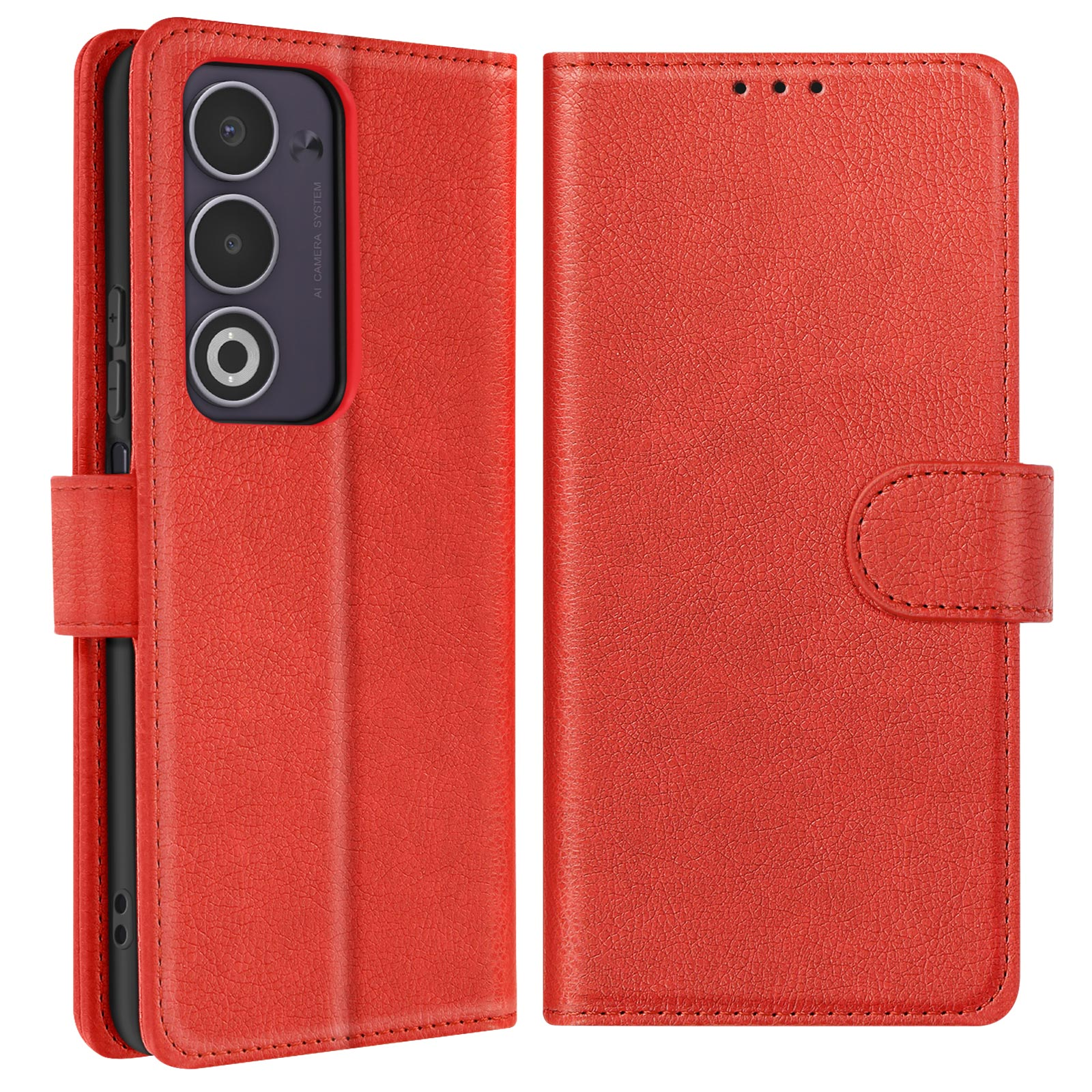 Custodia rossa per telefono, aperta. Presenta un telefono con lenti della fotocamera e superficie strutturata.