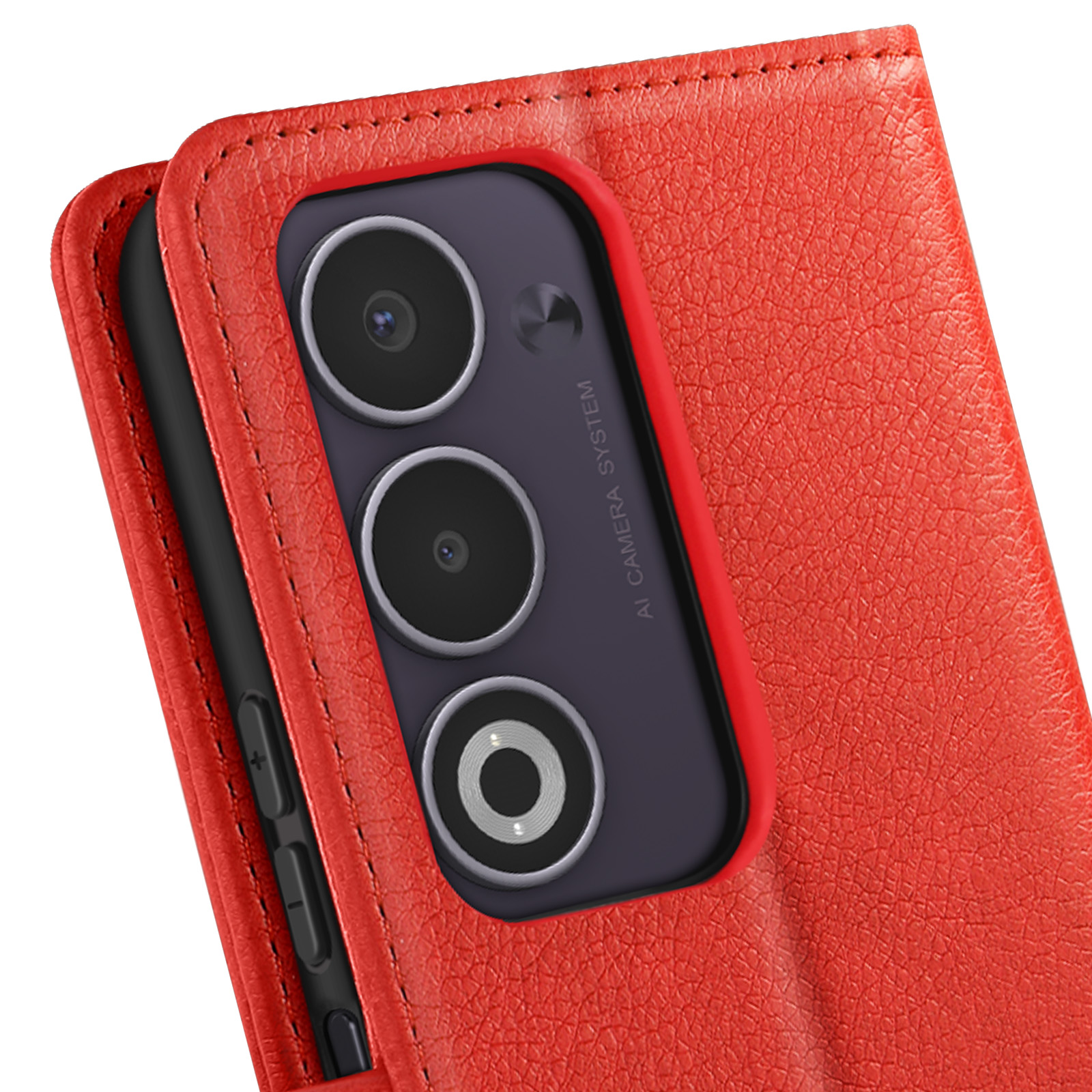 Custodia per telefono in pelle rossa con tre lenti della fotocamera visibili. La custodia è aperta, mostra il telefono.