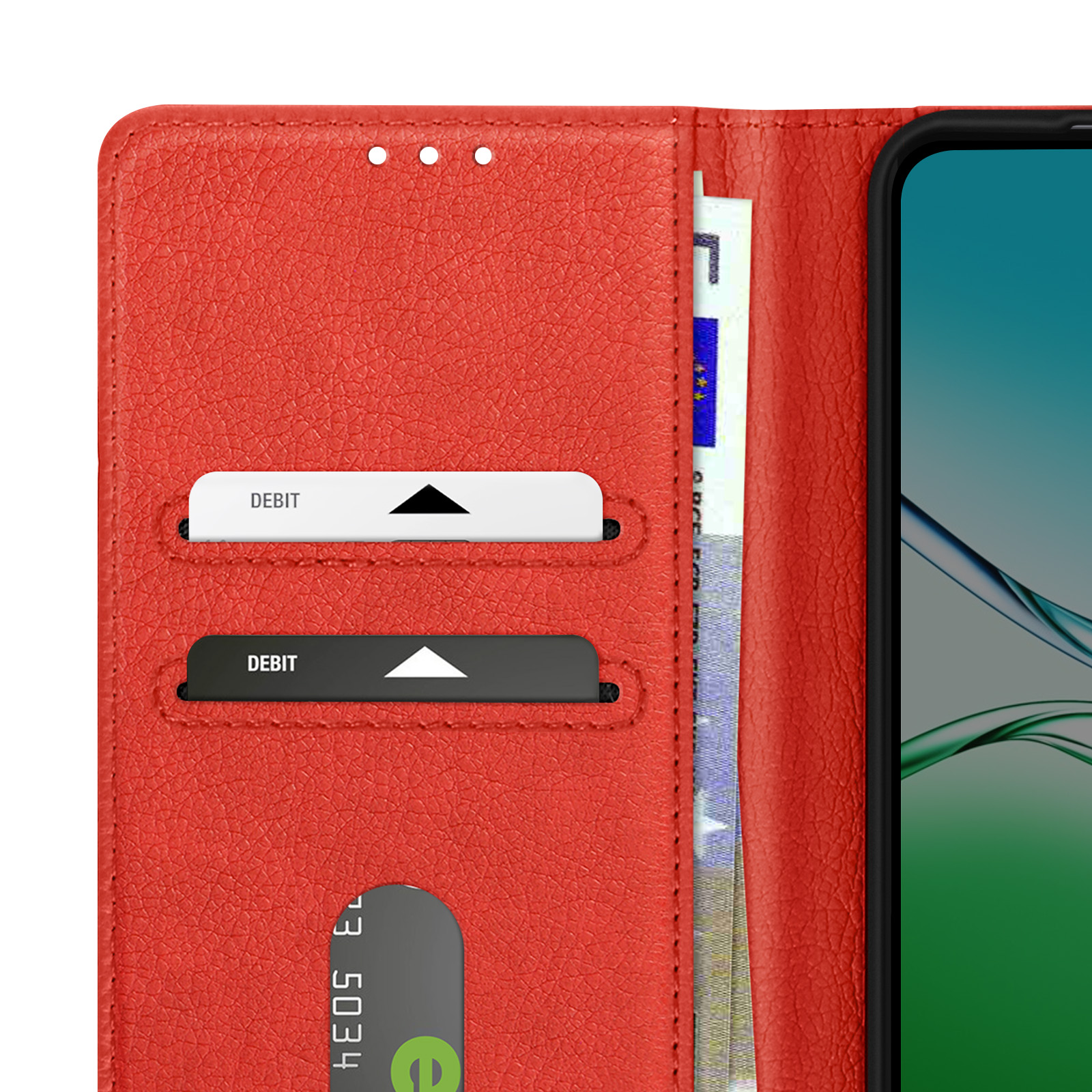 Custodia per telefono in pelle rossa aperta. Due carte di debito, denaro e un telefono sono visibili.