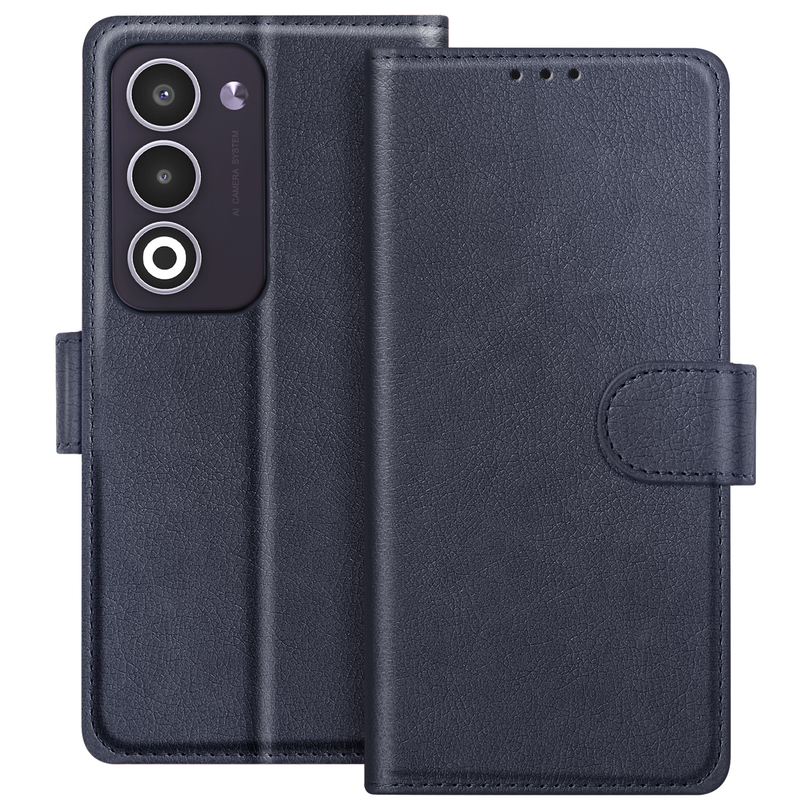 Una custodia per telefono blu navy, aperta. Ha un ritaglio per la fotocamera, un bottone e una chiusura magnetica.