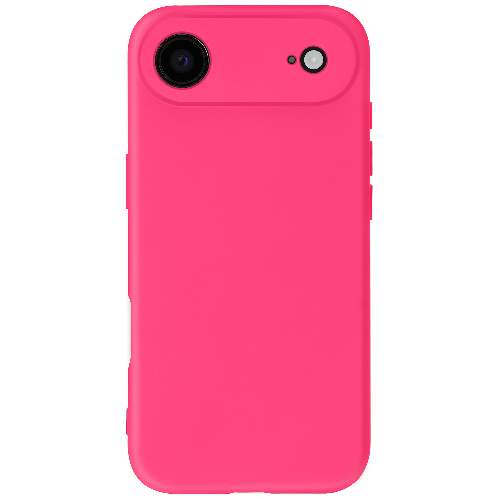Une coque de téléphone rose vif avec caméra et flash. Le fond est blanc.