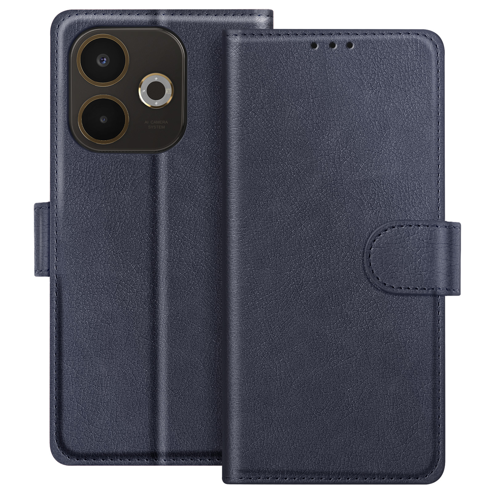 Una custodia per telefono blu scuro con lenti della fotocamera e chiusura magnetica.