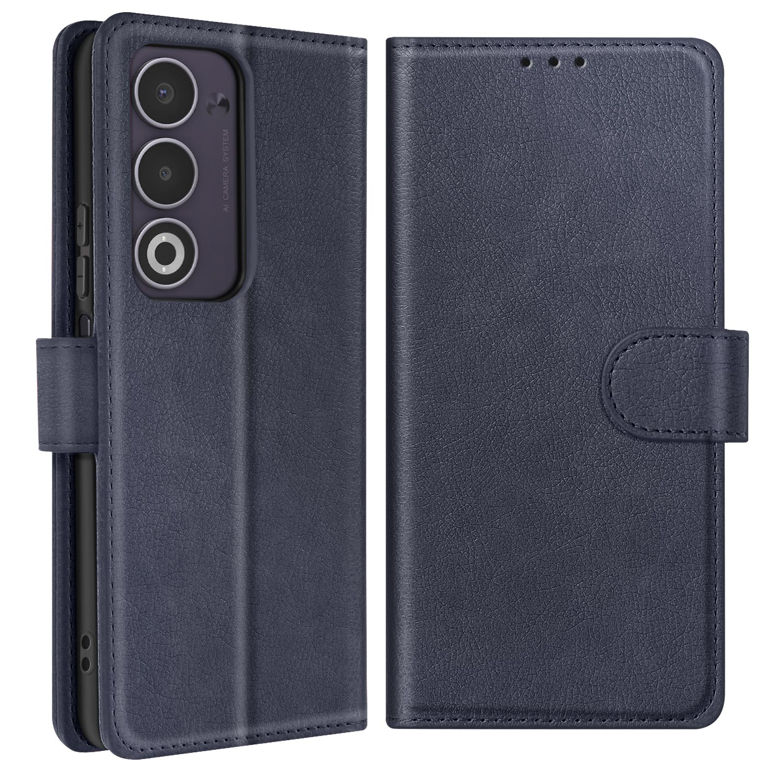 Custodia per telefono in pelle blu scuro, aperta. Presenta un sistema di fotocamere e chiusura magnetica.
