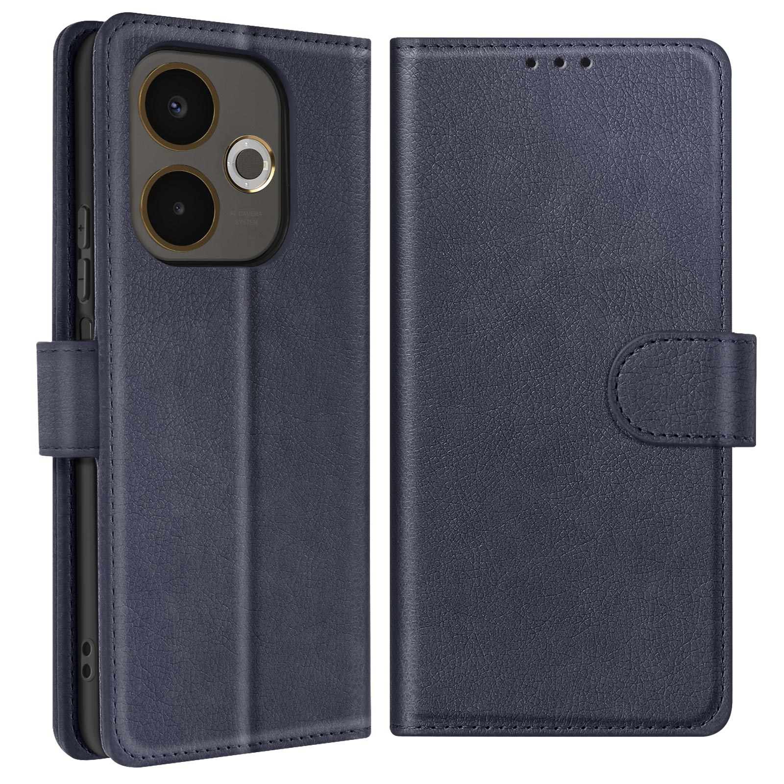 Una custodia blu navy, aperta. Ha un ritaglio per la fotocamera e una chiusura.
