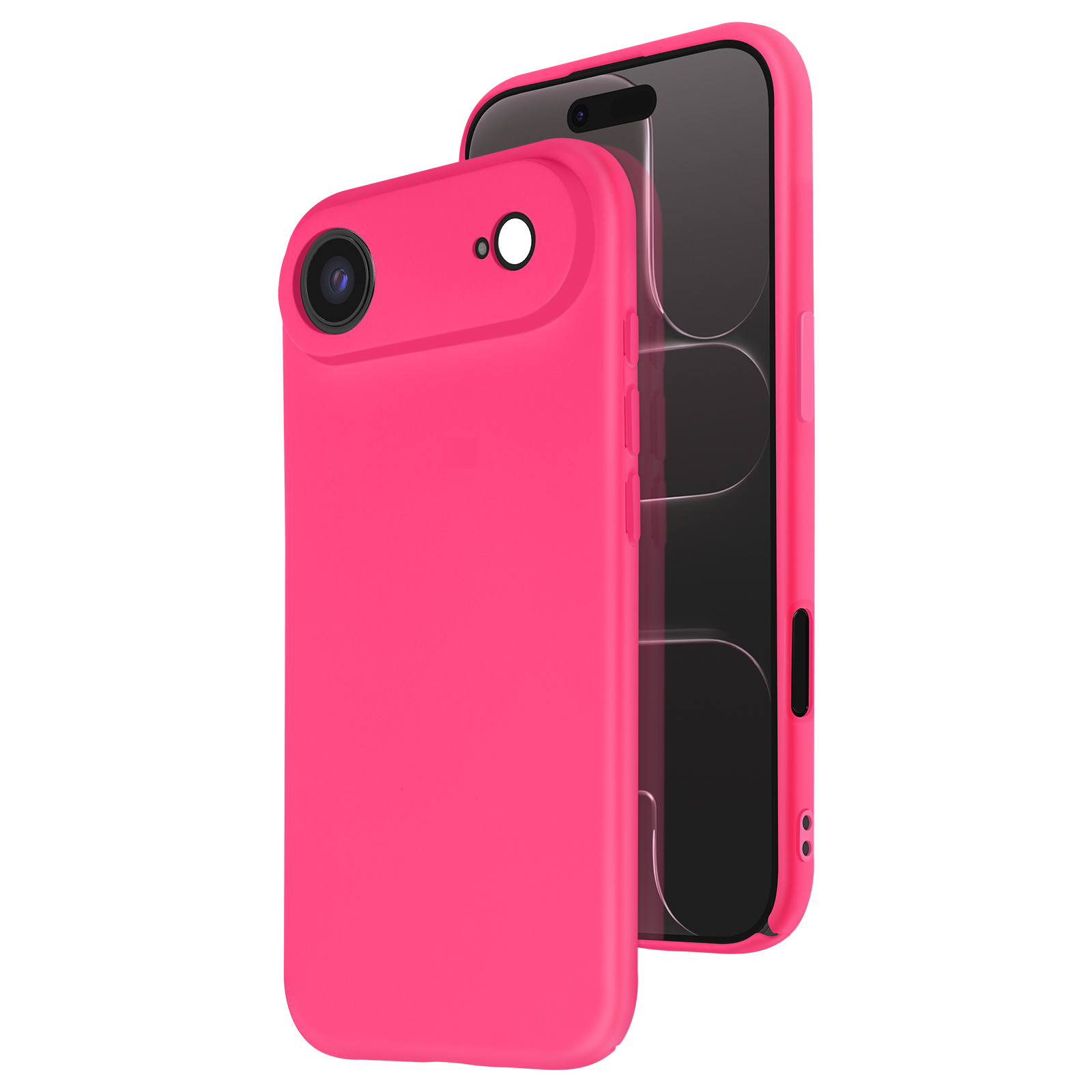Une coque et un téléphone rose vif, légèrement décalés. La coque a une découpe pour l'appareil photo et des boutons.