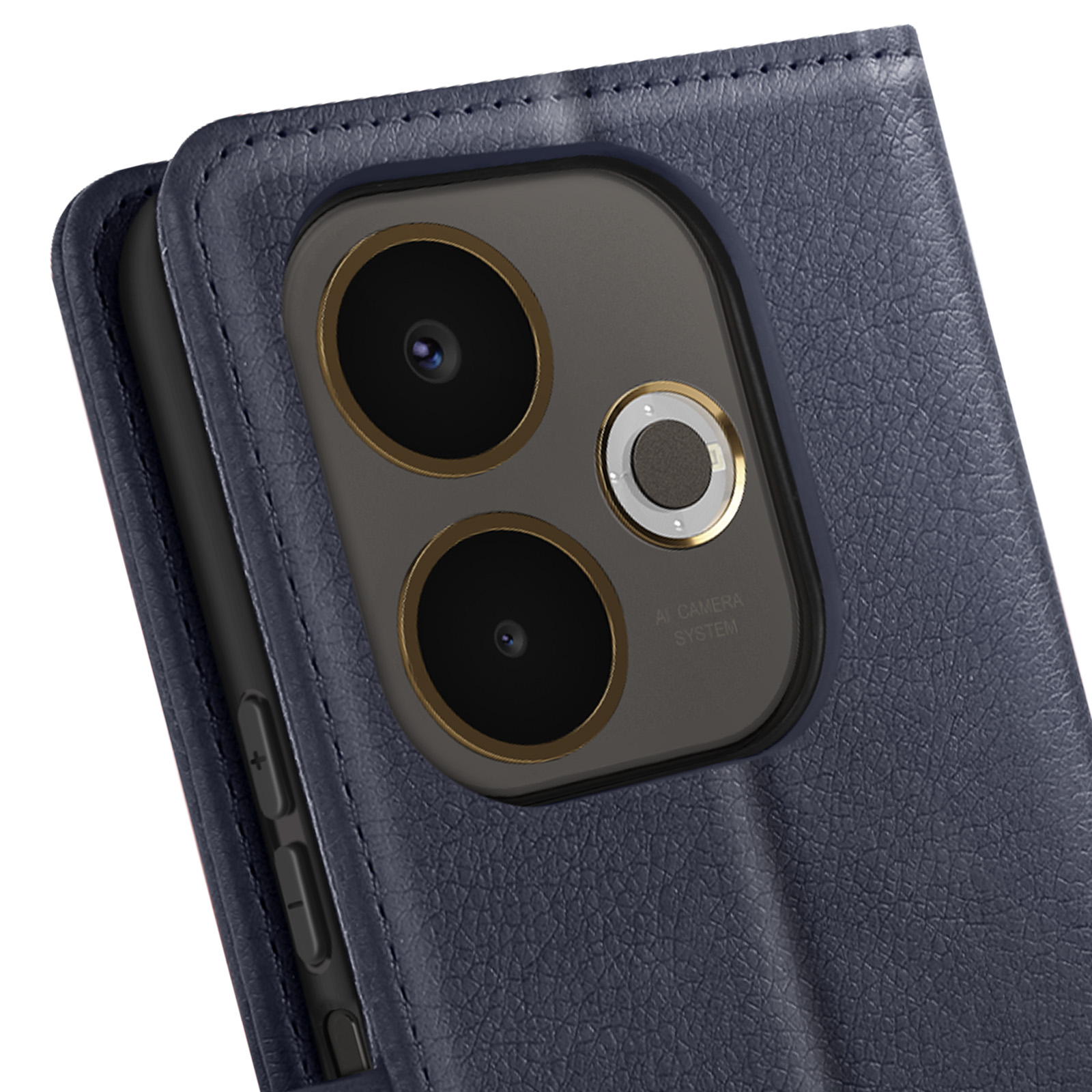 Primo piano di una custodia per telefono blu scuro con un sistema a tripla fotocamera. La custodia è simile alla pelle con dettagli dorati.