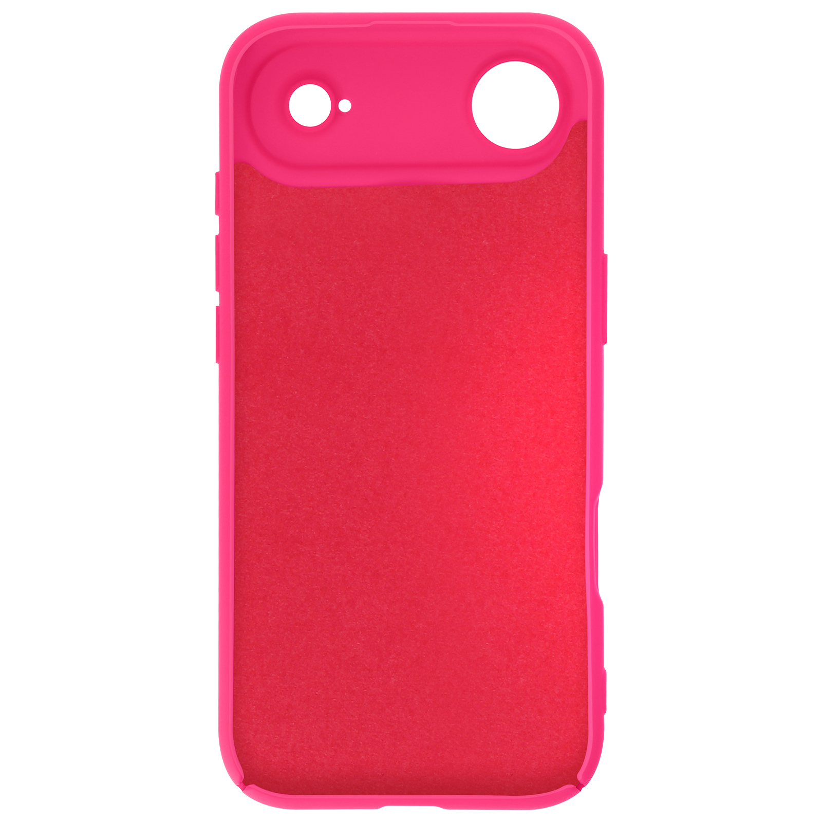 Une coque de téléphone rose avec des découpes pour l'appareil photo et les boutons. L'intérieur est rouge texturé. Fond blanc.