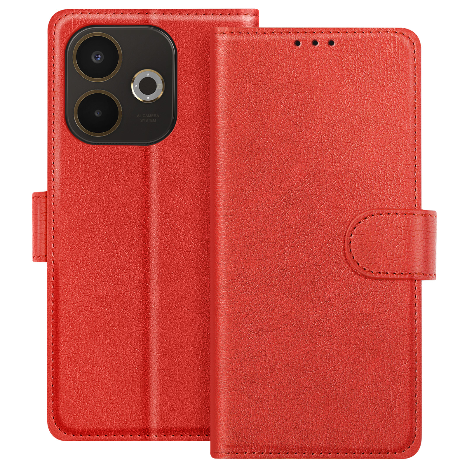 Custodia per telefono in pelle rossa, aperta, con ritagli per fotocamera e chiusura magnetica.