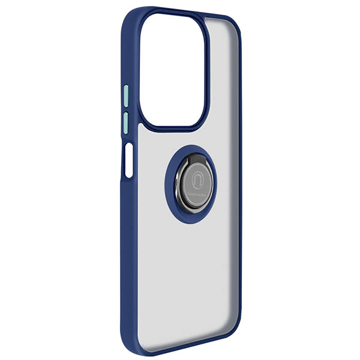 Coque de téléphone transparente avec un cadre bleu foncé et une bague argentée. La coque a un dos transparent.