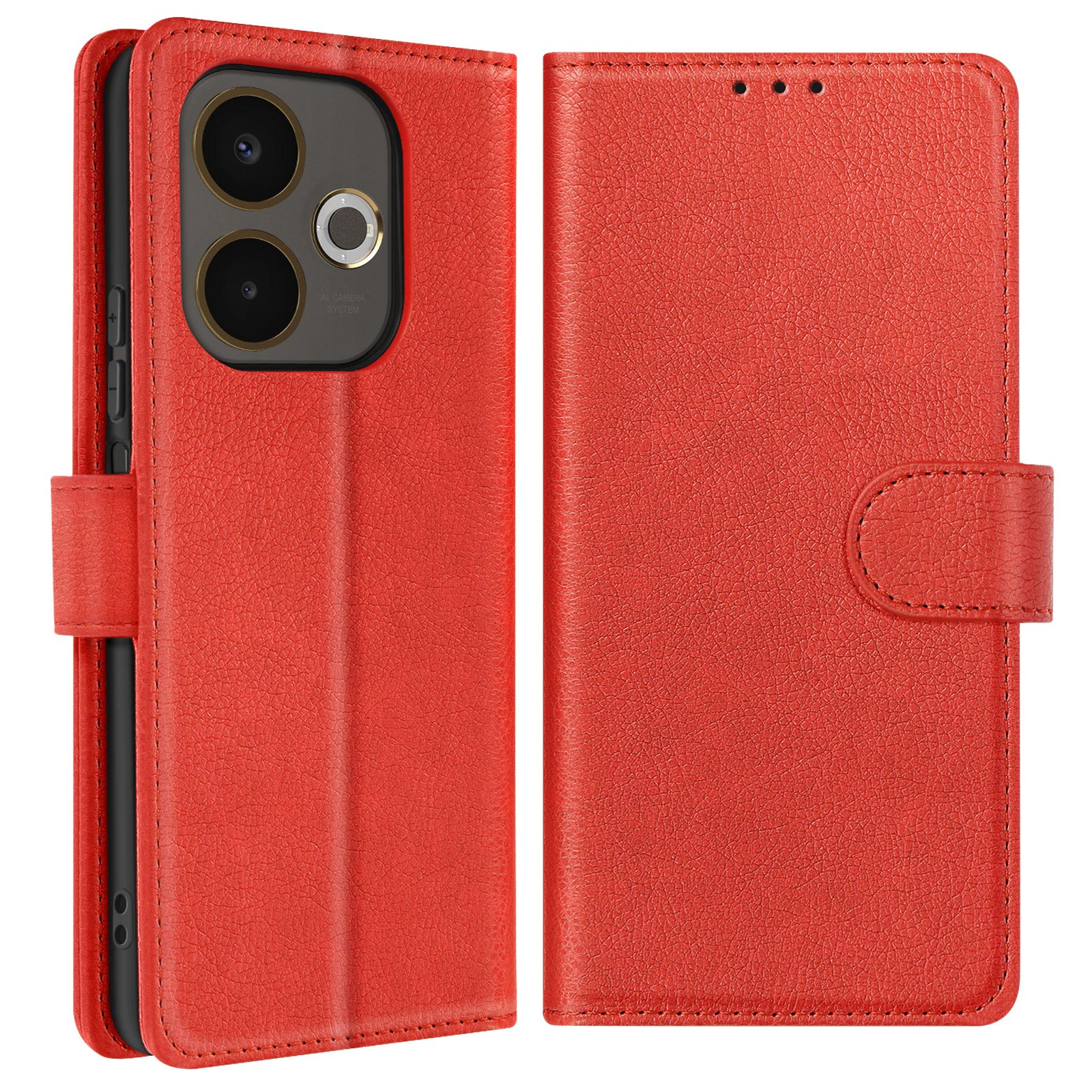 Custodia rossa per telefono con design aperto, che mostra il telefono con lenti della fotocamera e chiusura magnetica.
