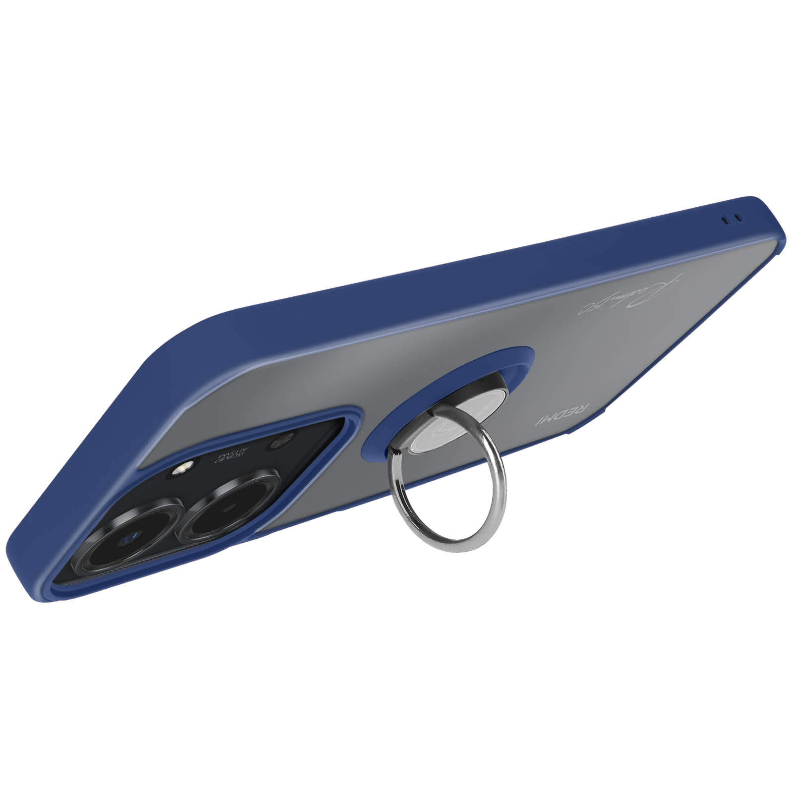 Une coque de téléphone bleue avec un support d'anneau argenté. Il a une caméra et le mot REDMI est visible.