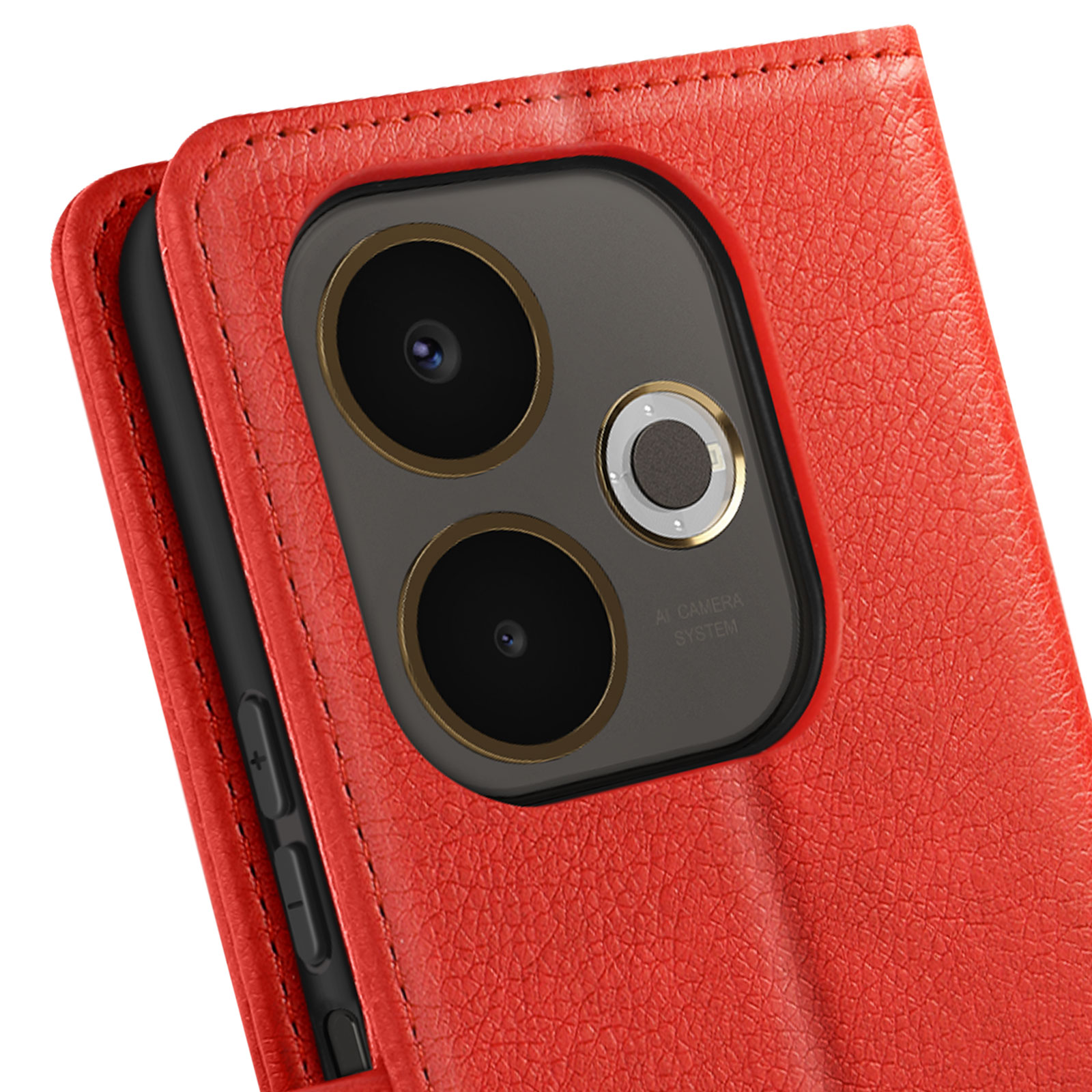 Primo piano di una custodia per telefono in pelle rossa con sistema fotocamera. La custodia è aperta, rivelando i componenti del telefono.
