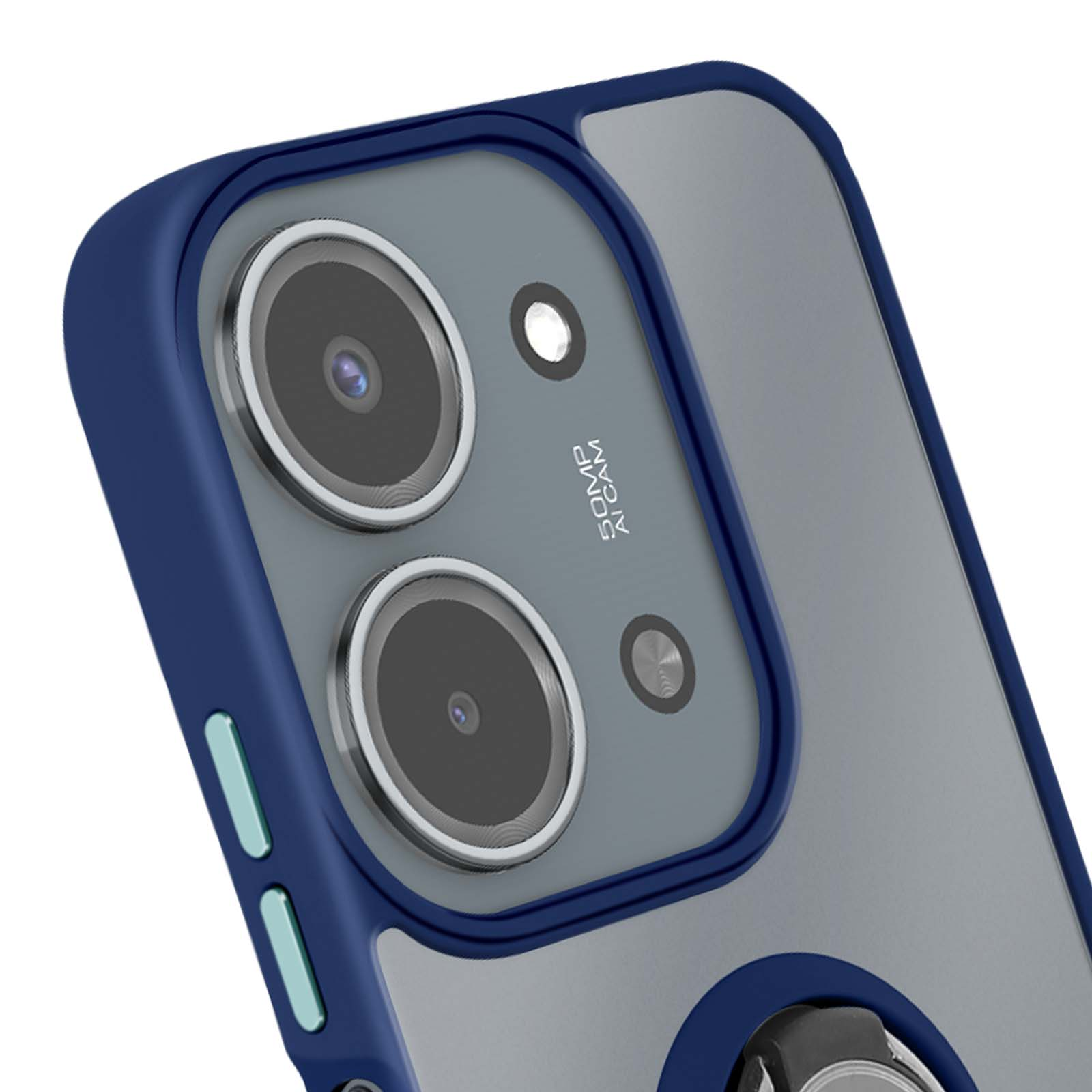 Gros plan d'une coque de téléphone. Elle est bleue avec un dos gris, avec des objectifs d'appareil photo et un support de bague.