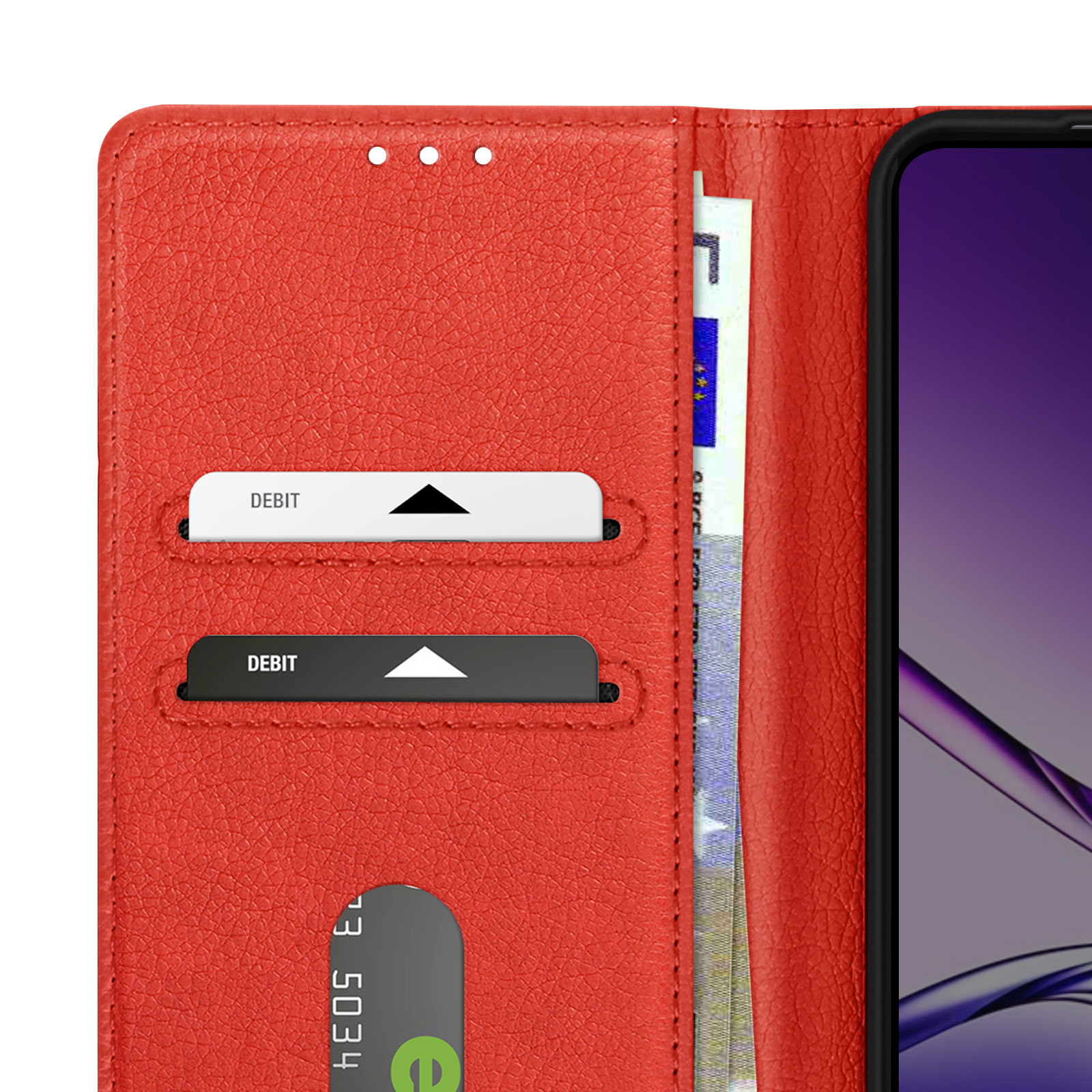 Portafoglio in pelle rossa con carte di debito e un telefono. È visibile una banconota in euro. Lo schermo del telefono è viola.