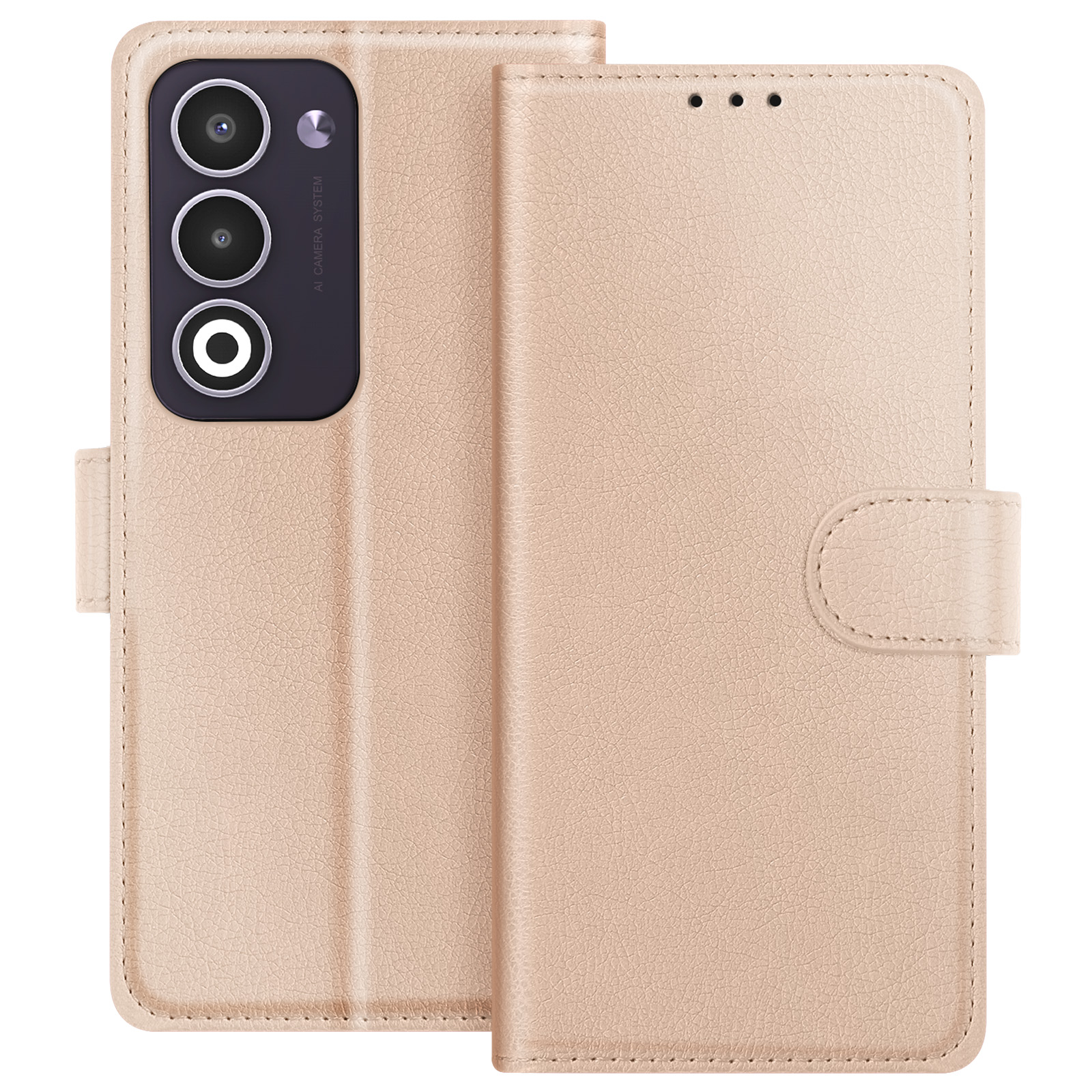 Una custodia per telefono beige è aperta. È dotata di sistema fotocamera del telefono e chiusura magnetica, con un aspetto pelle strutturato.