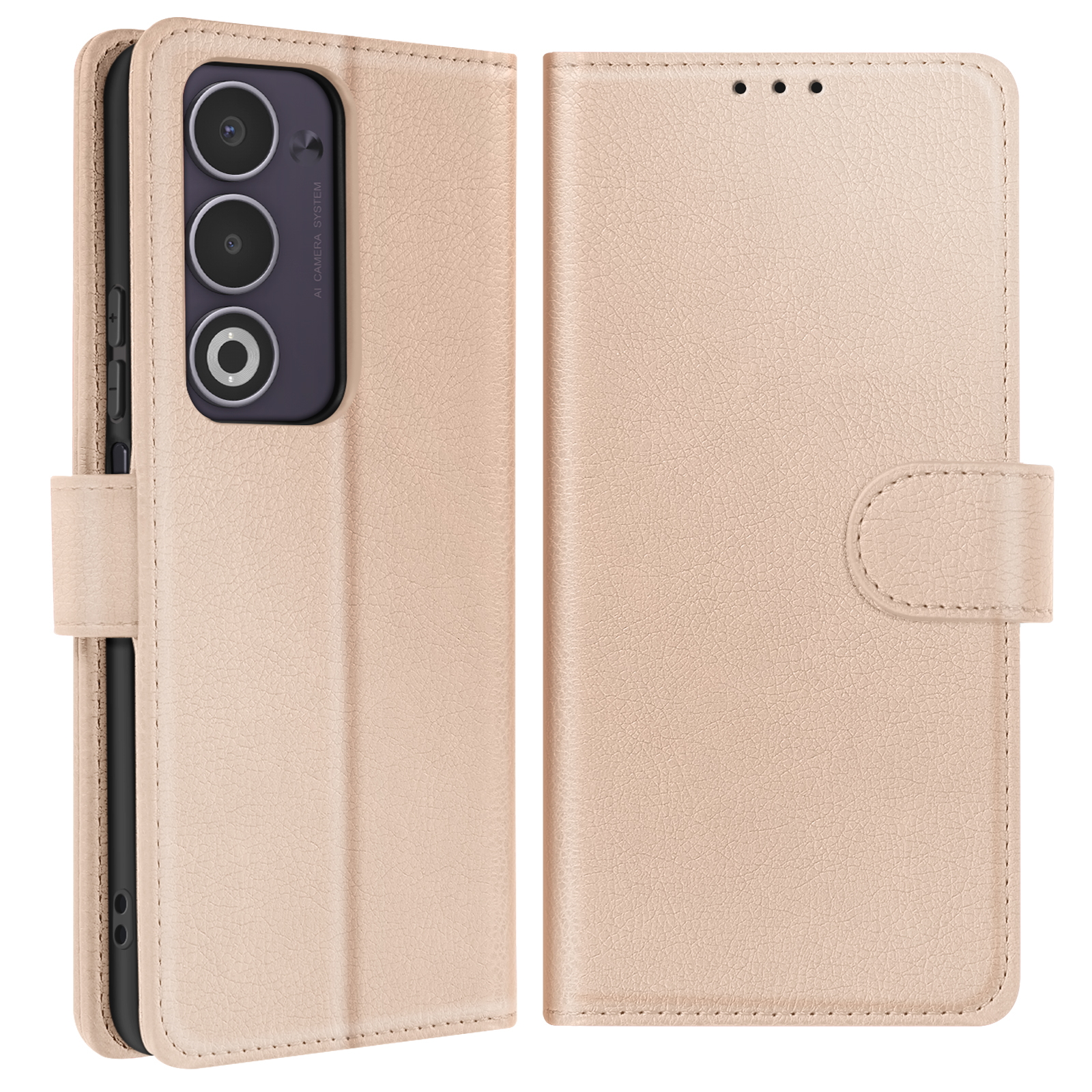 Custodia beige per telefono aperta. Superficie strutturata, tre lenti della fotocamera e chiusura magnetica.