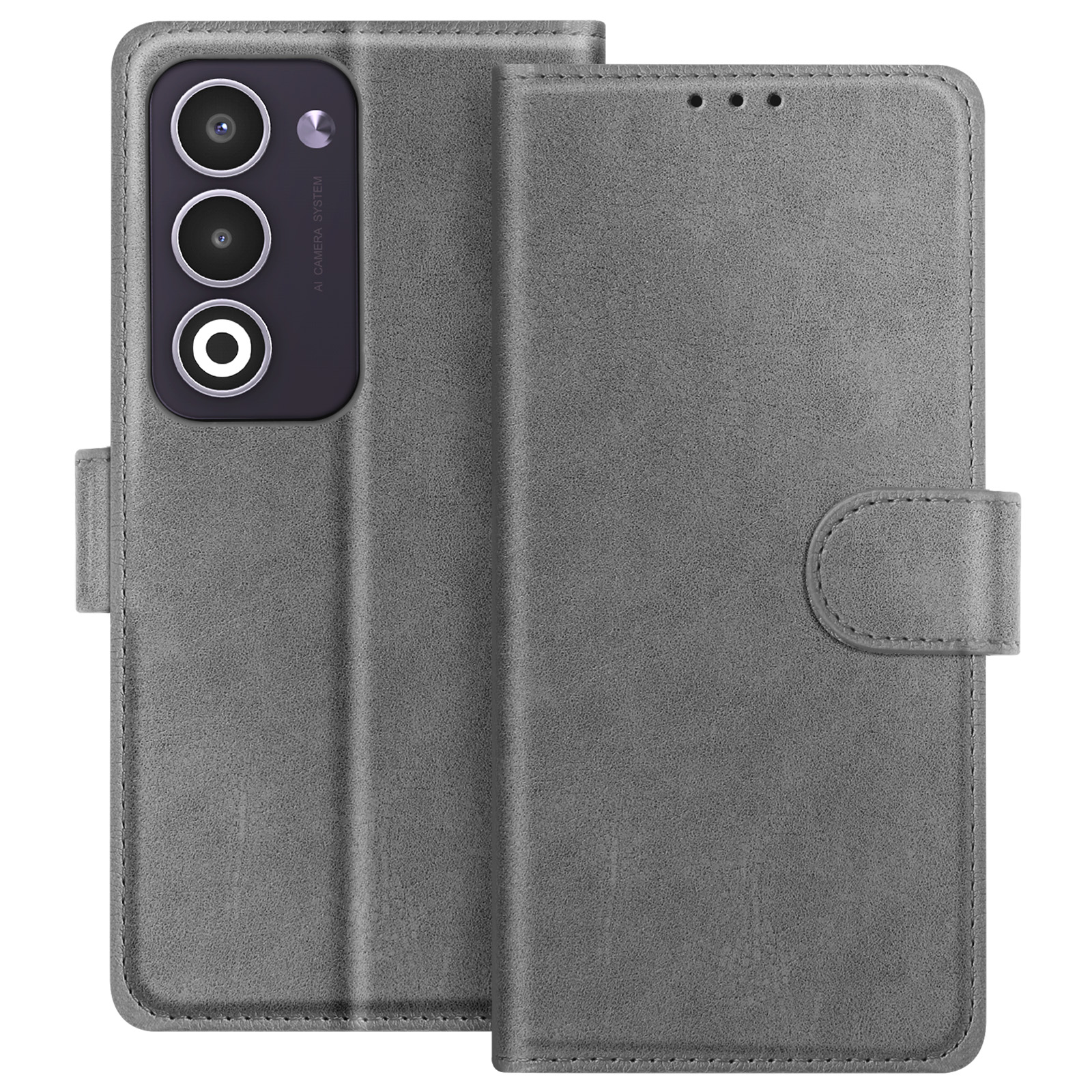 Custodia grigia per telefono, aperta per rivelare il telefono. Ha un sistema di fotocamere e una chiusura magnetica.
