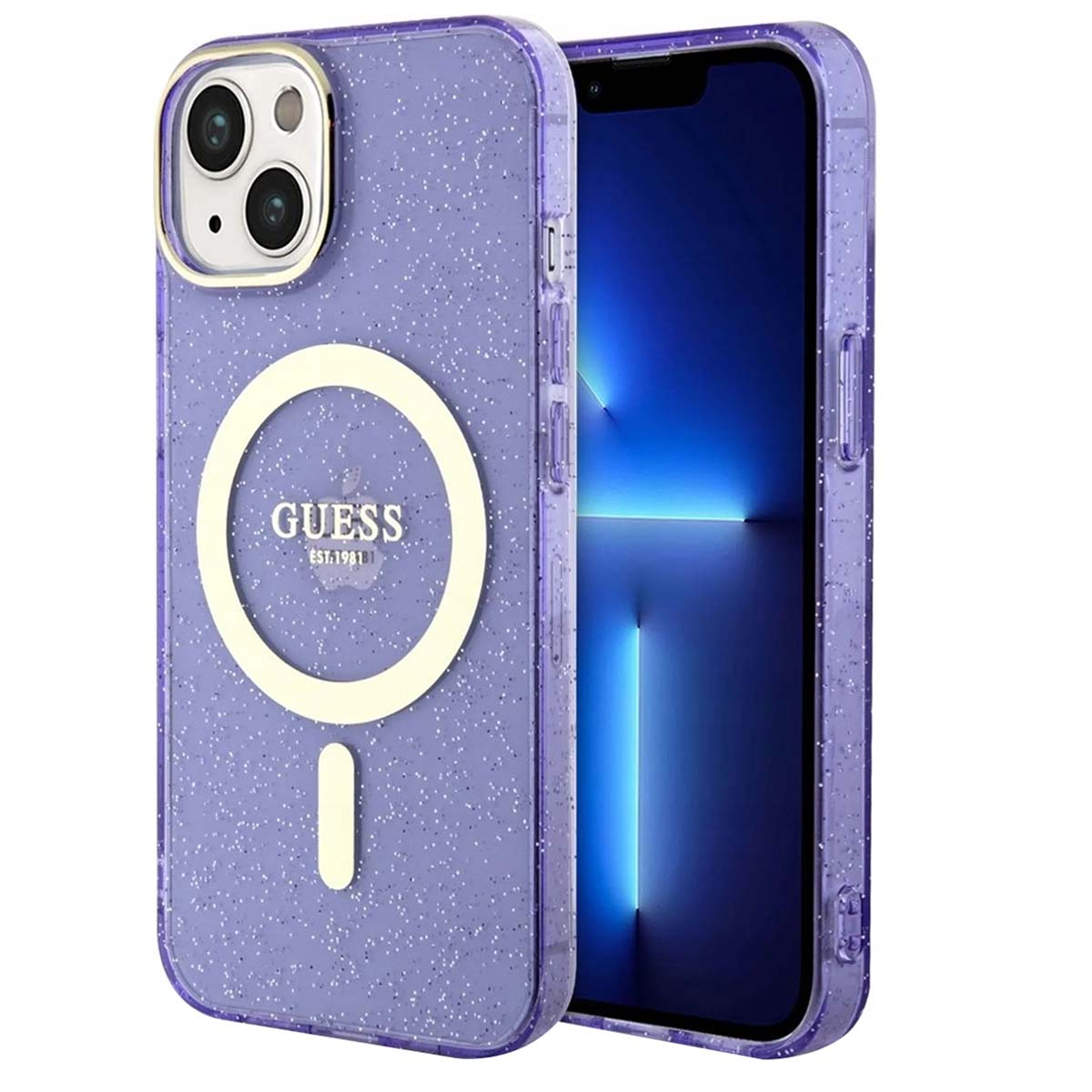 Custodia per telefono Guess viola con un telefono all'interno. La custodia ha brillantini e un logo Guess bianco.