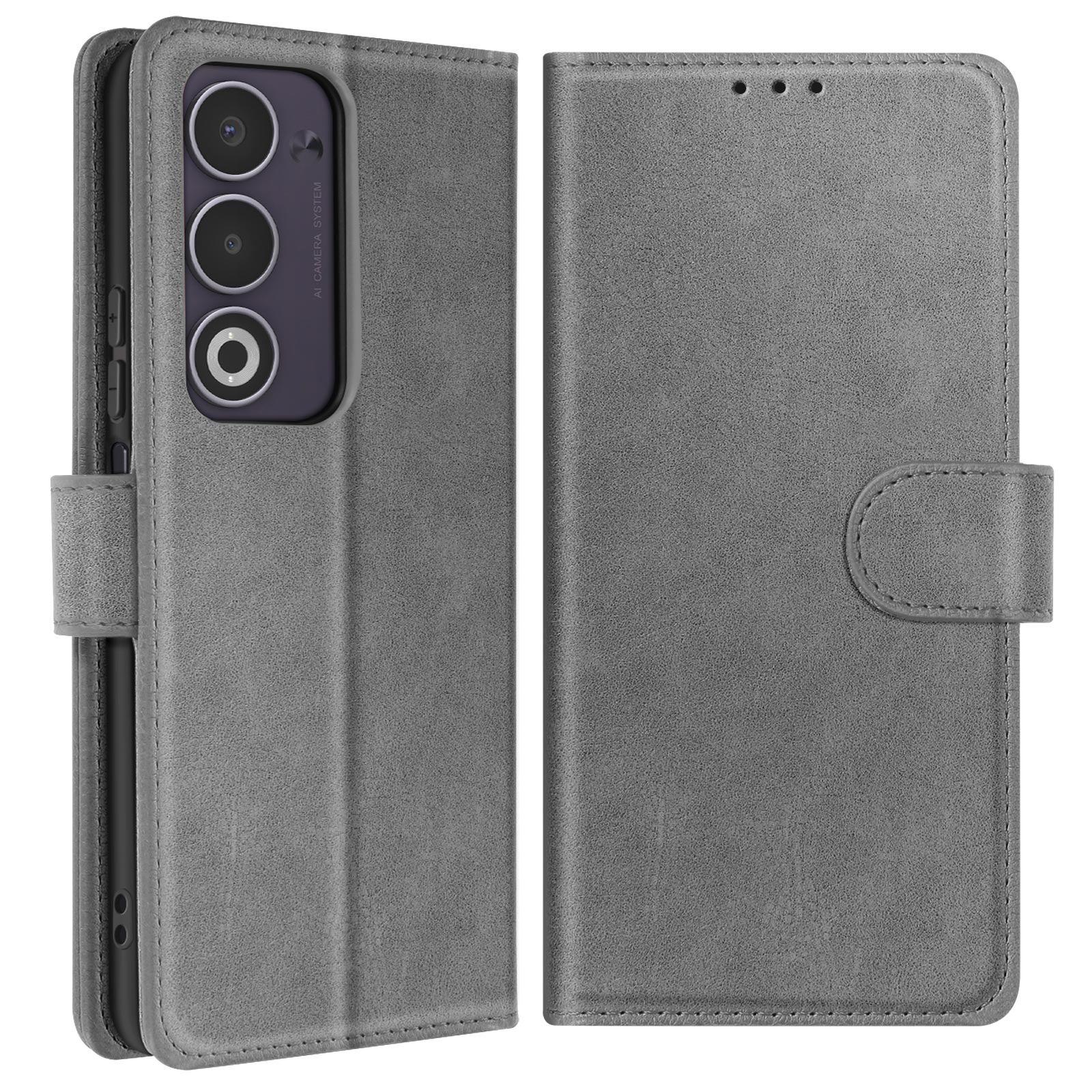 Custodia grigia per telefono con tre obiettivi visibili. La cover è aperta, mostrando il retro del telefono.