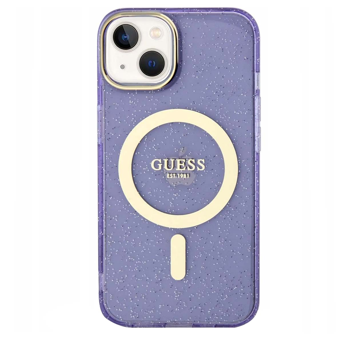 Una custodia per telefono viola con il logo Guess dorato e una fotocamera. La custodia è glitterata.