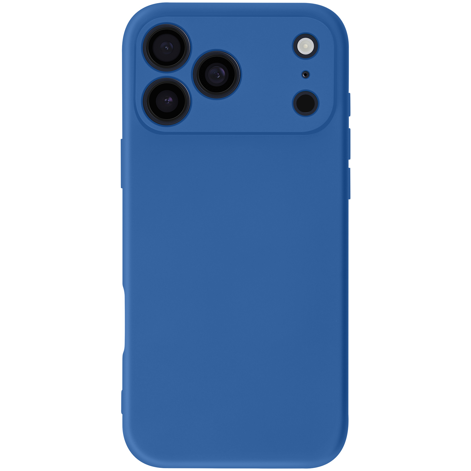 Coque de téléphone bleue avec plusieurs objectifs d'appareil photo et un flash. Le boîtier est bleu uni avec des coins arrondis.
