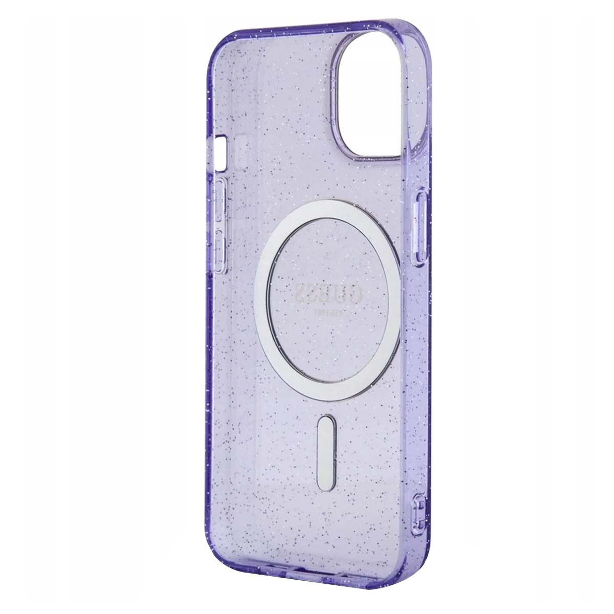 Una custodia per telefono viola trasparente e glitterata con logo Guess argentato e anello magnetico circolare. La custodia ha ritagli.