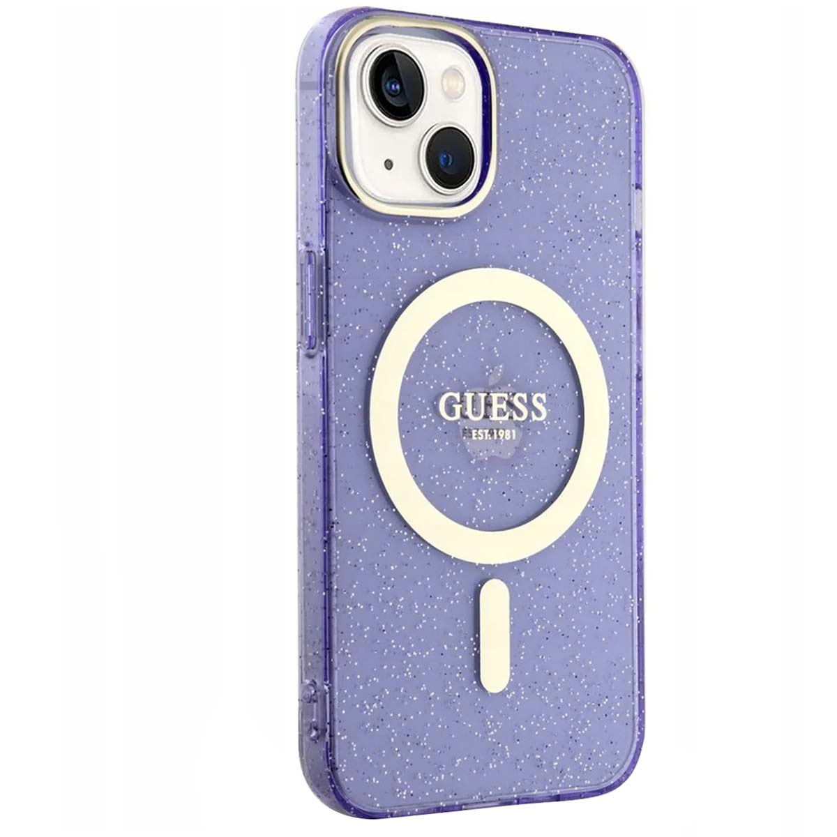 Una custodia per telefono viola con logo Guess e anello fotocamera dorato. La custodia ha un effetto glitter.