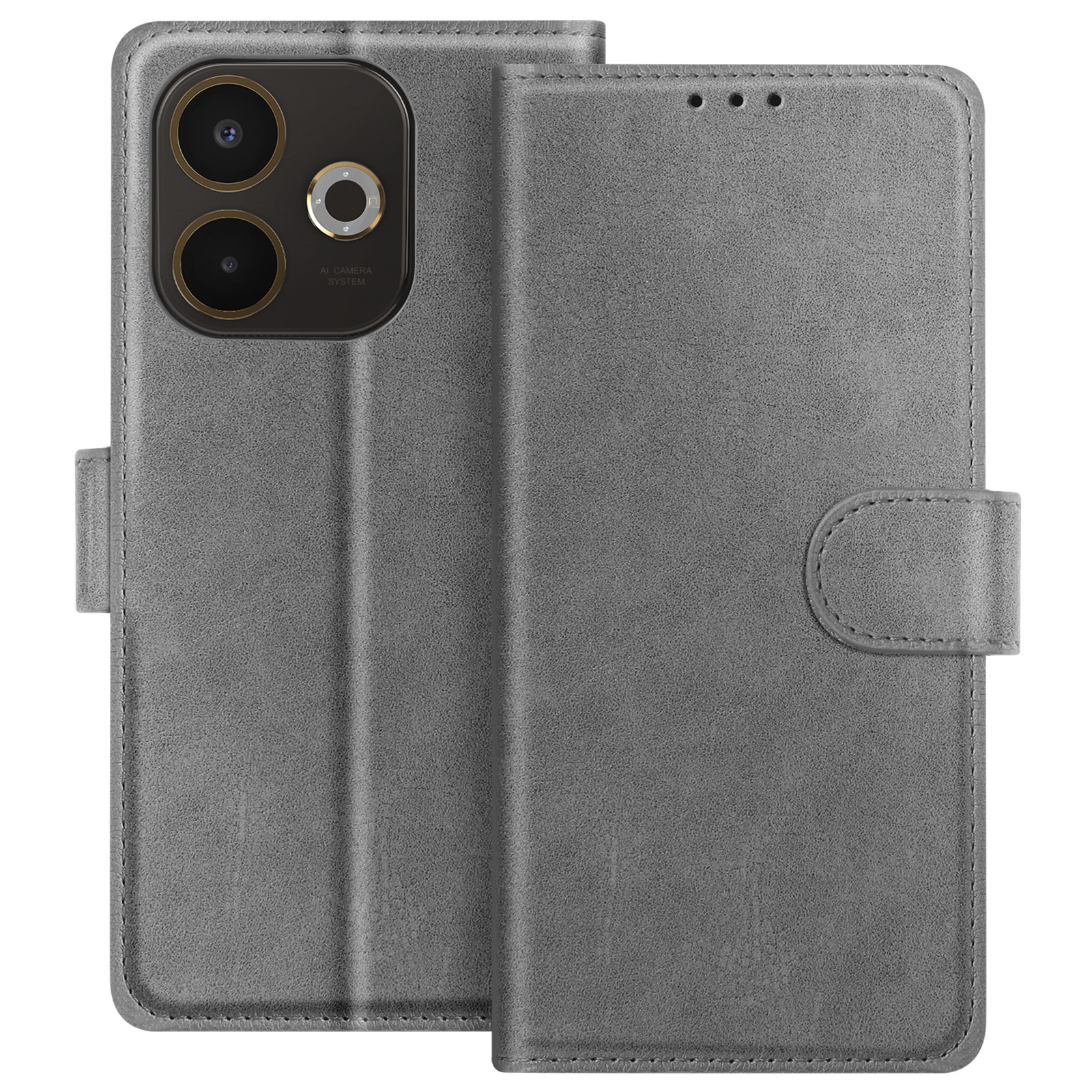 Una custodia grigia per telefono con un ritaglio per la fotocamera e una chiusura magnetica. La custodia è aperta, rivelando la fotocamera.