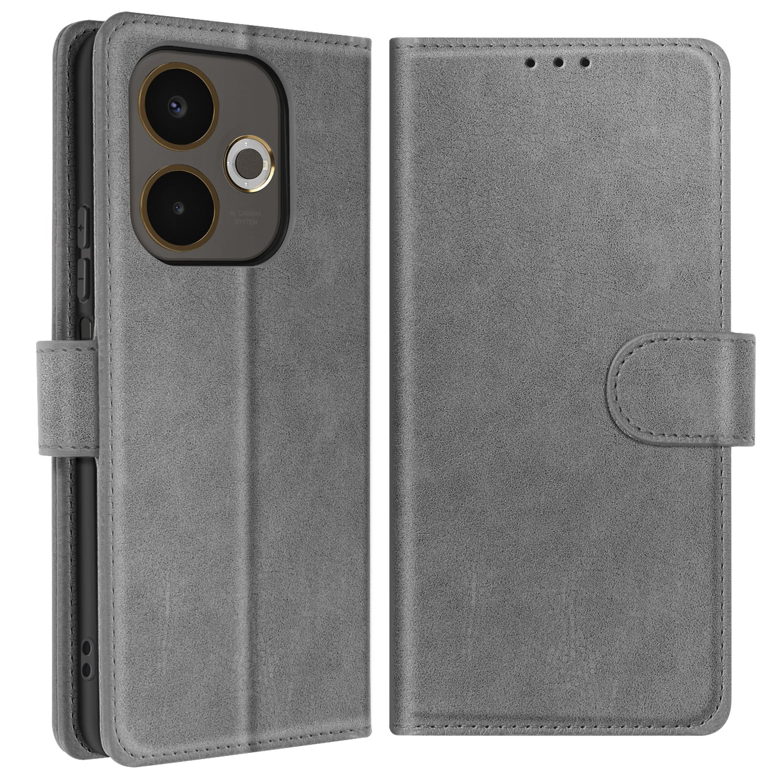 Una custodia grigia per telefono, aperta. La custodia ha un ritaglio per la fotocamera e una chiusura magnetica. Il telefono è dentro.