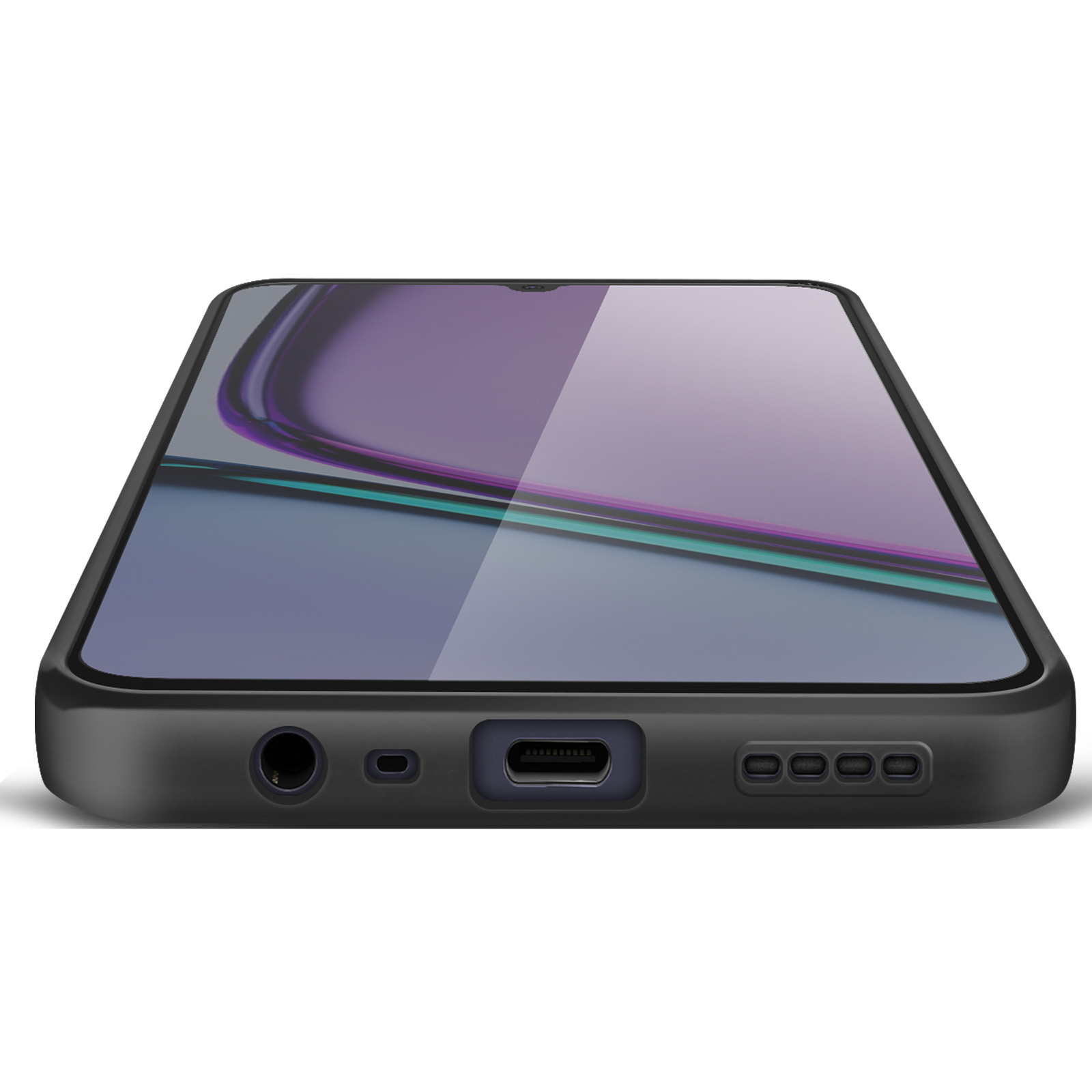 Smartphone nero, vista angolata. Lo schermo mostra tonalità viola e verde acqua. Parte inferiore con porte e fori altoparlanti. Sfondo bianco.