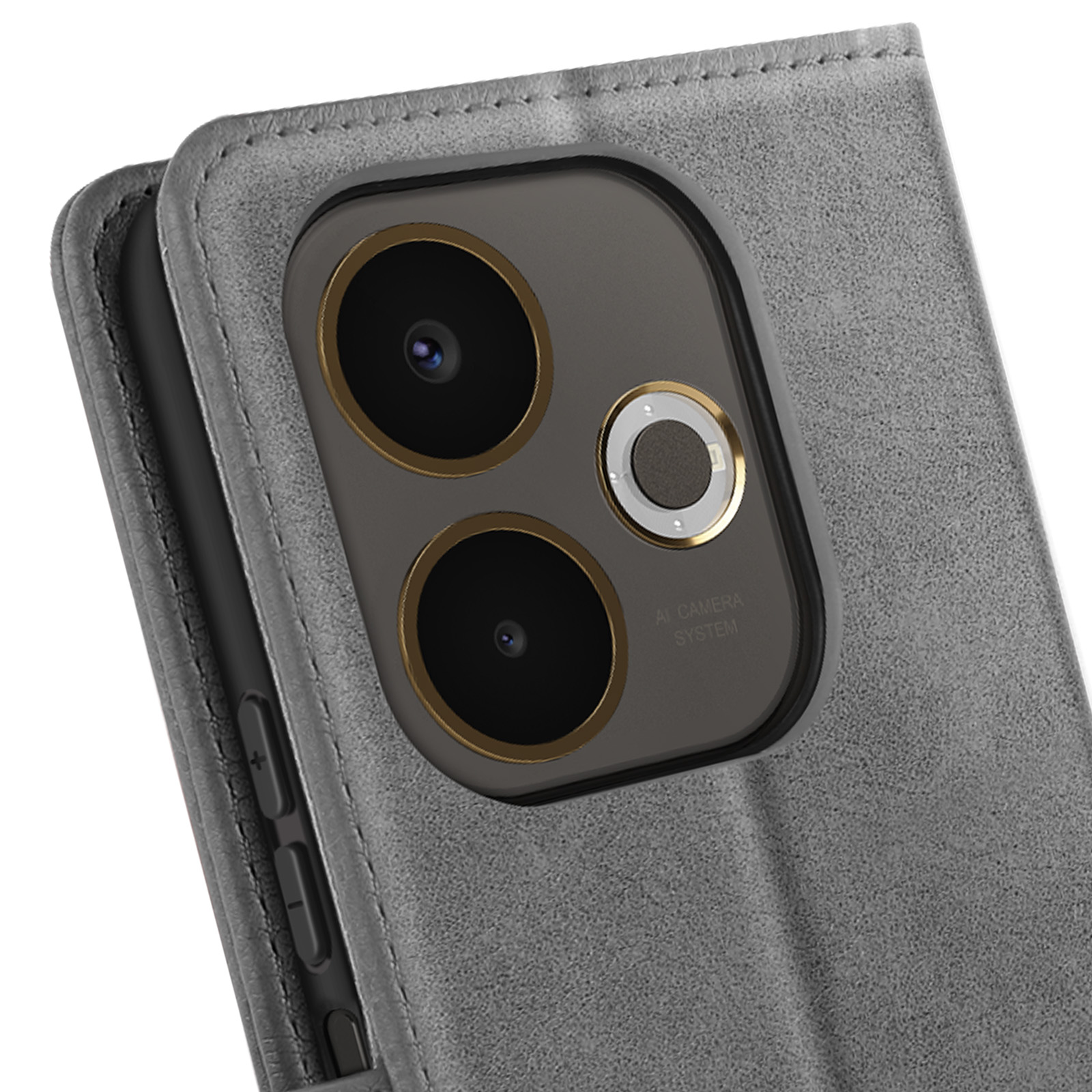 Primo piano di una custodia grigia per telefono con modulo fotocamera. La custodia è cucita e ha una trama simile alla pelle.