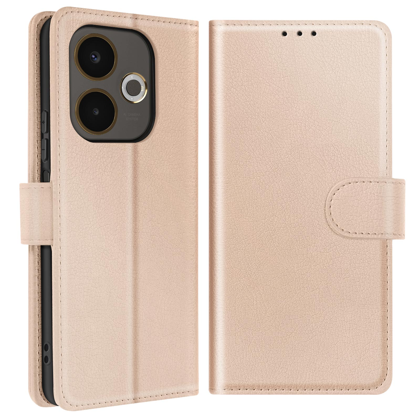Custodia per telefono rosa aperta. Caratteristiche: sezione fotocamera, chiusura e superficie strutturata.