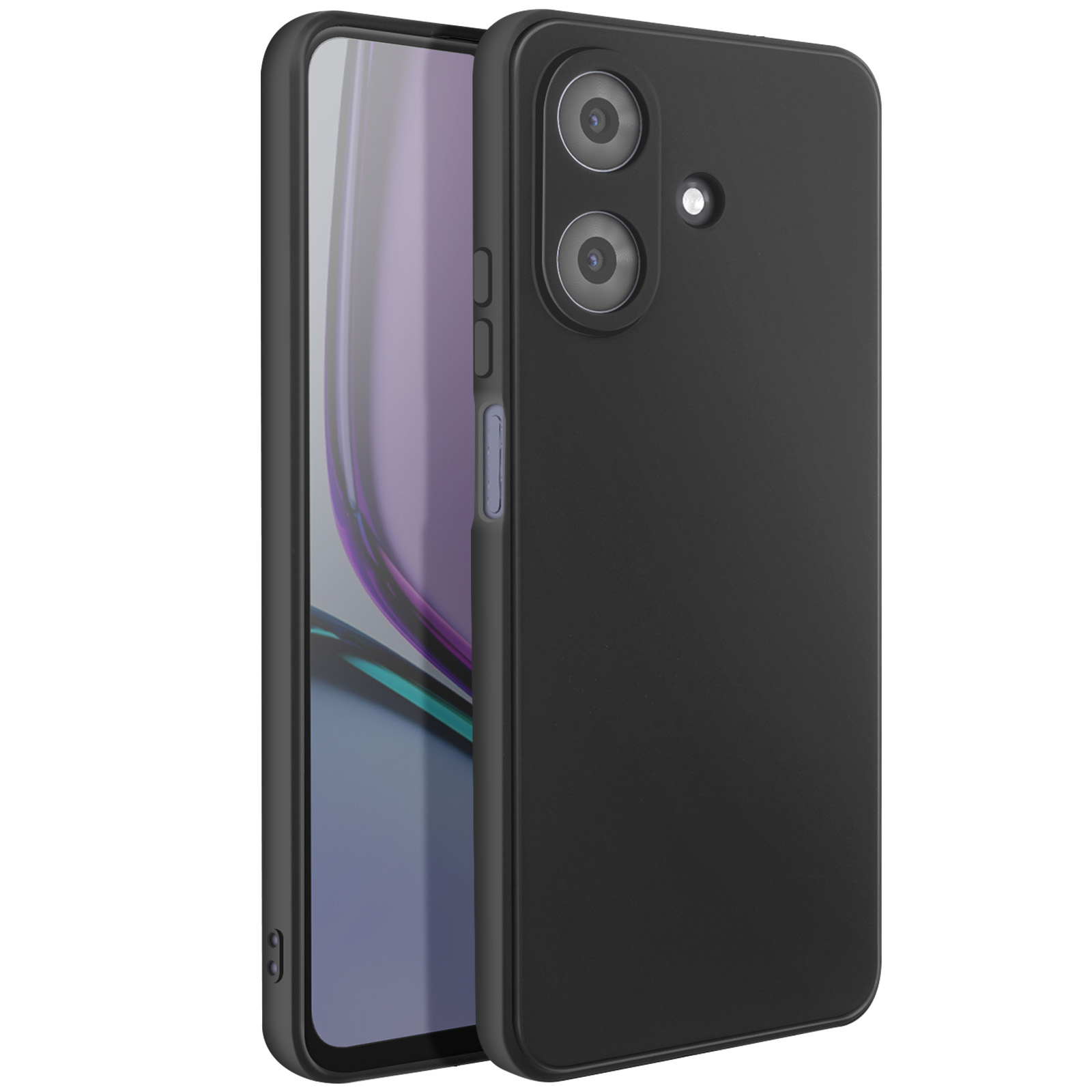 Custodia nera per smartphone con telefono all'interno. La custodia ha fori per fotocamera e copri pulsanti. Schermo del telefono visibile.
