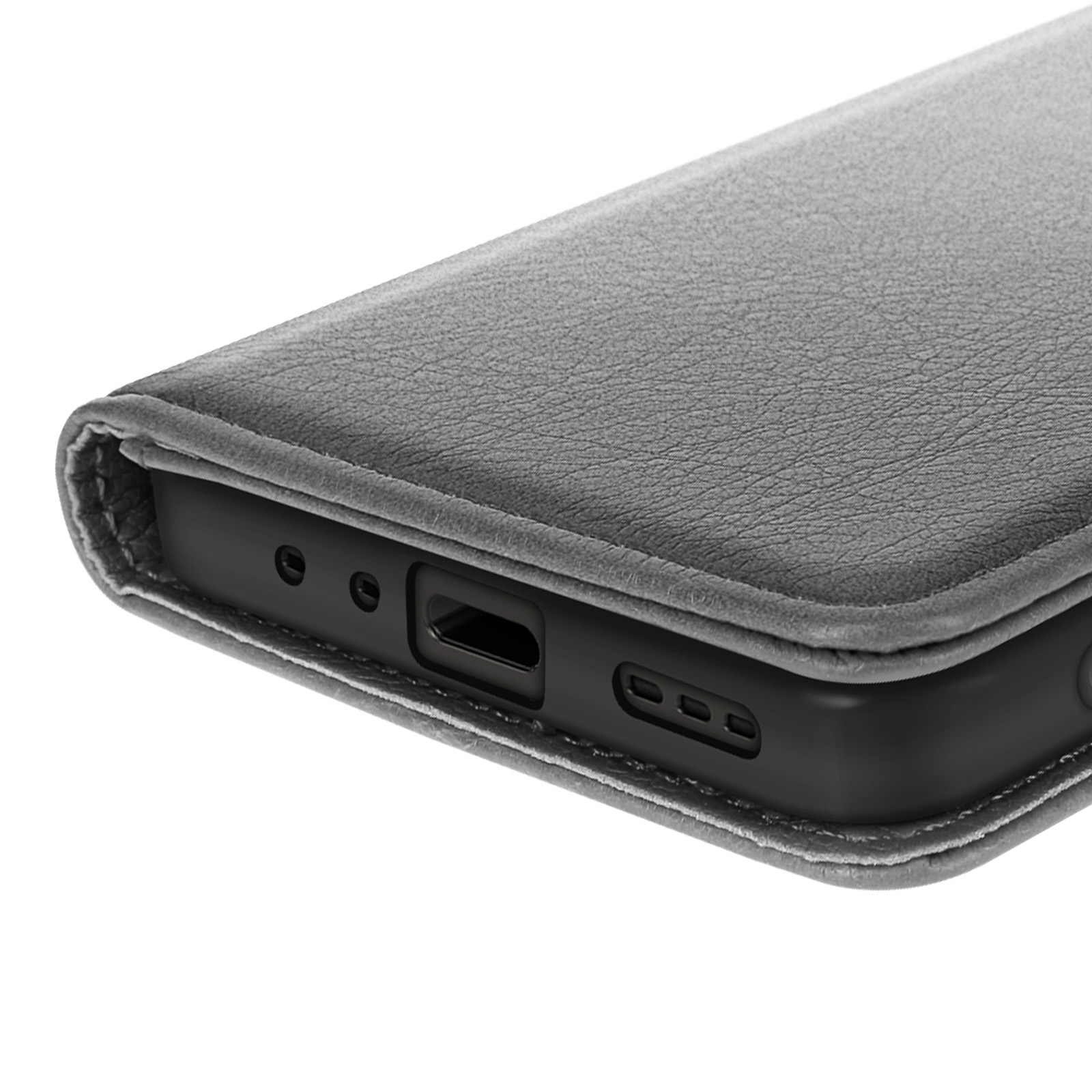 Primo piano di una custodia grigia per telefono con superficie strutturata. Il bordo nero del telefono è visibile, con porte e pulsanti.