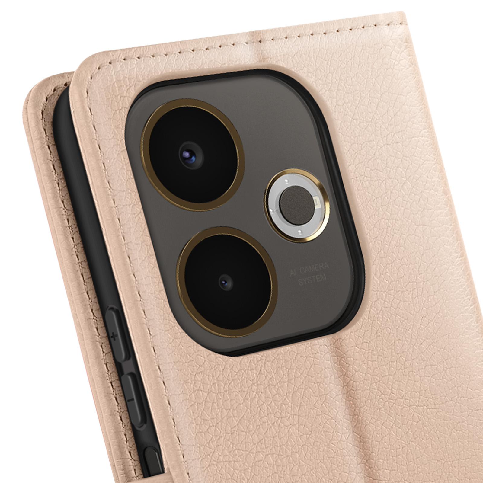 Primo piano di una custodia per telefono con modulo fotocamera. La custodia è in pelle marrone. Fotocamere con anelli dorati.