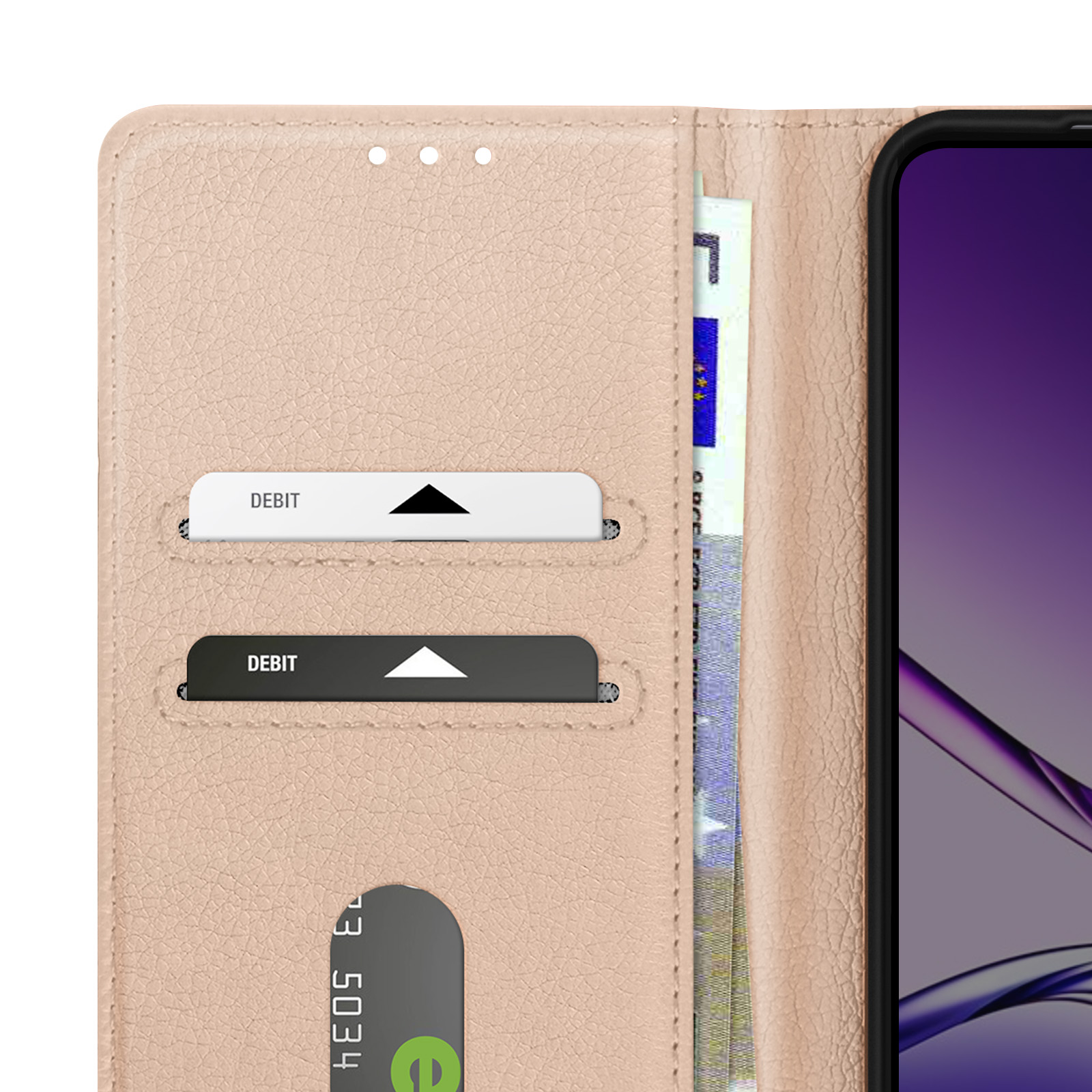 Un portafoglio beige con due carte di debito e un telefono. Una carta è bianca, l'altra nera. È visibile una banconota.